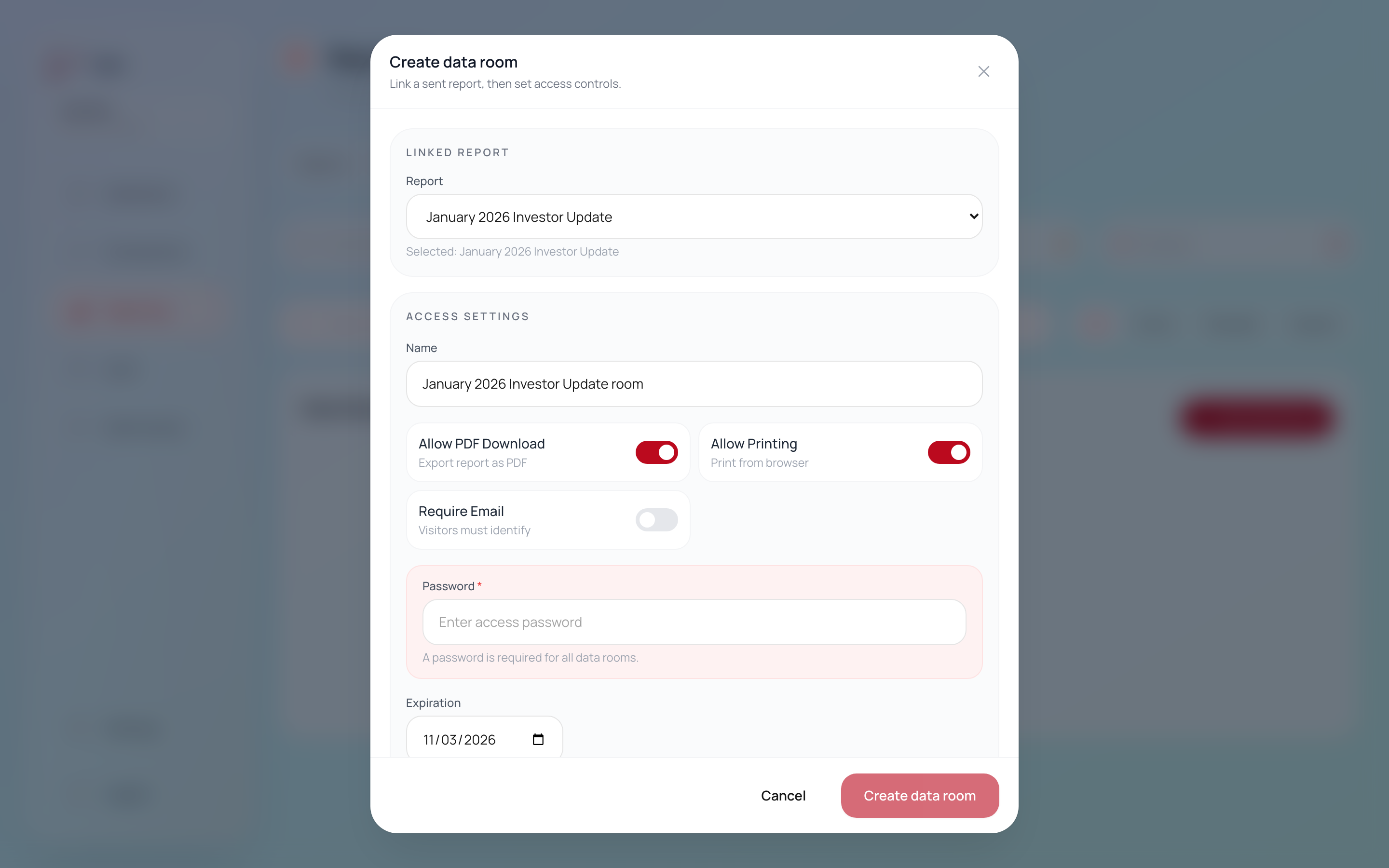 The Vein create data room dialog, showing the linked report picker and access settings
