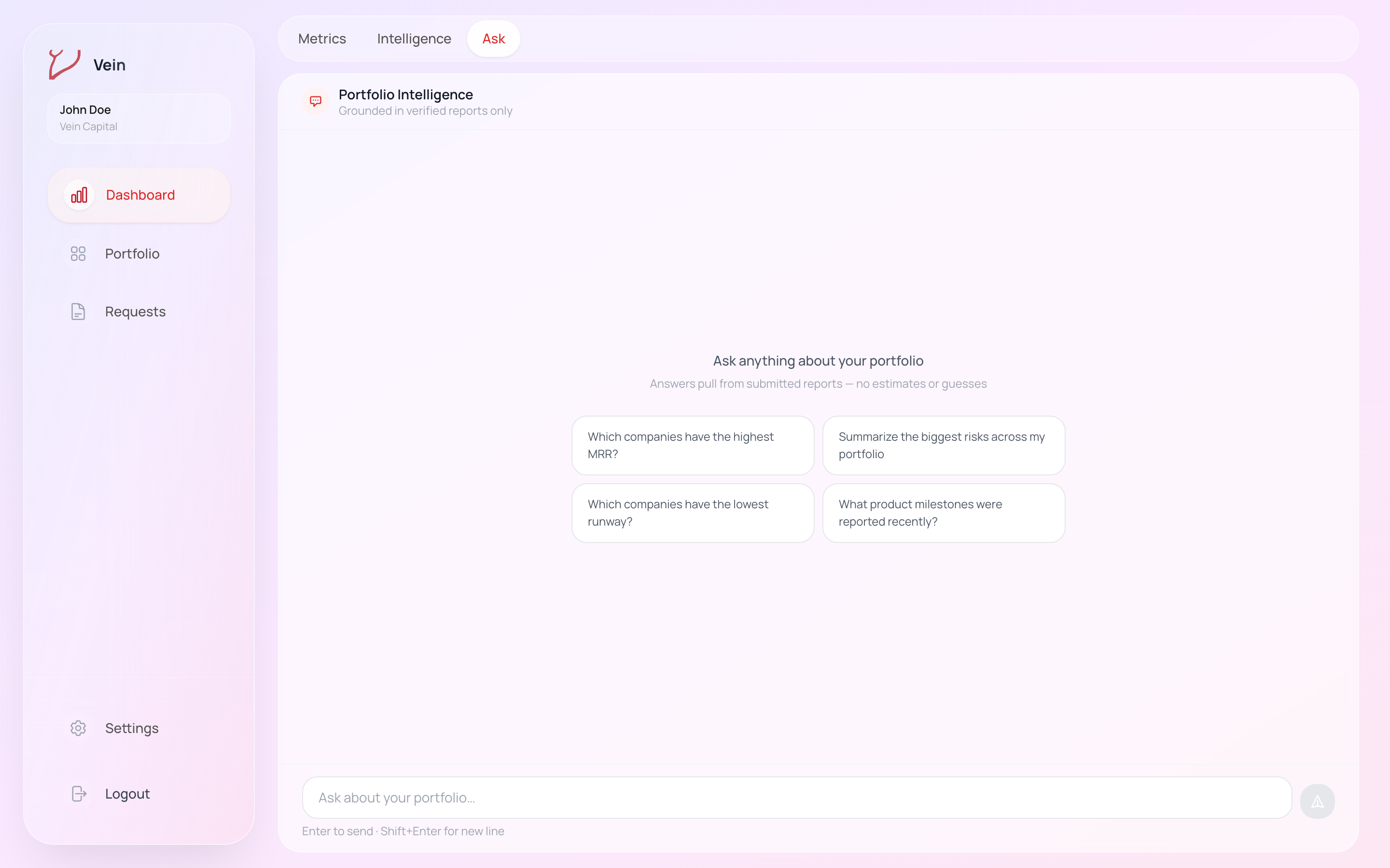 The Vein investor Dashboard on the Ask tab