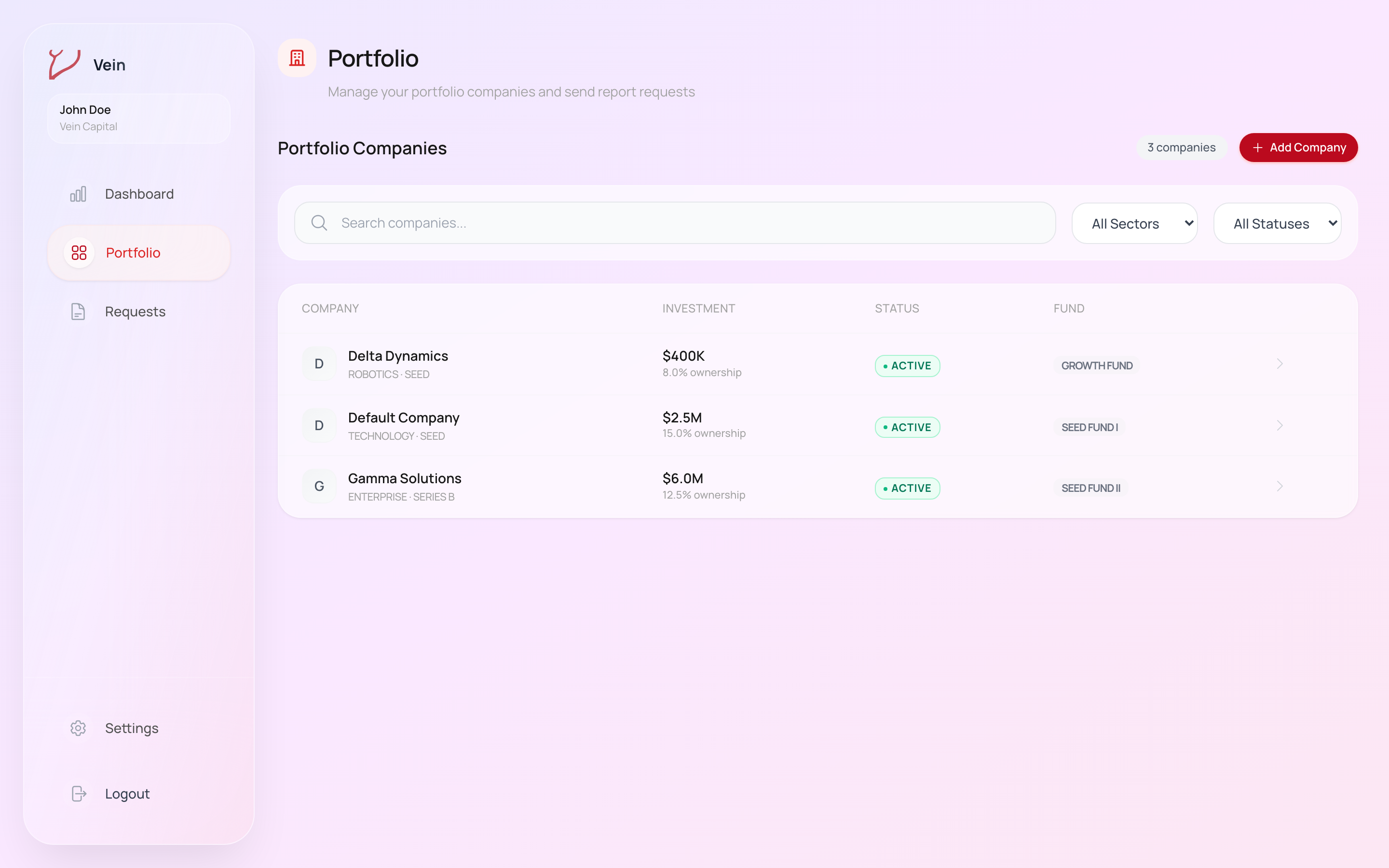 The Vein Portfolio page listing companies with investment amounts, ownership percentages, status, and fund