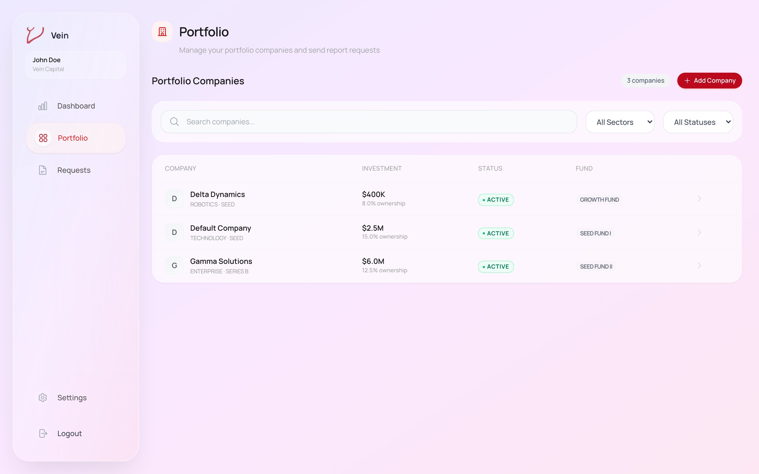 The Vein Portfolio page listing companies with investment amounts, ownership percentages, status, and fund