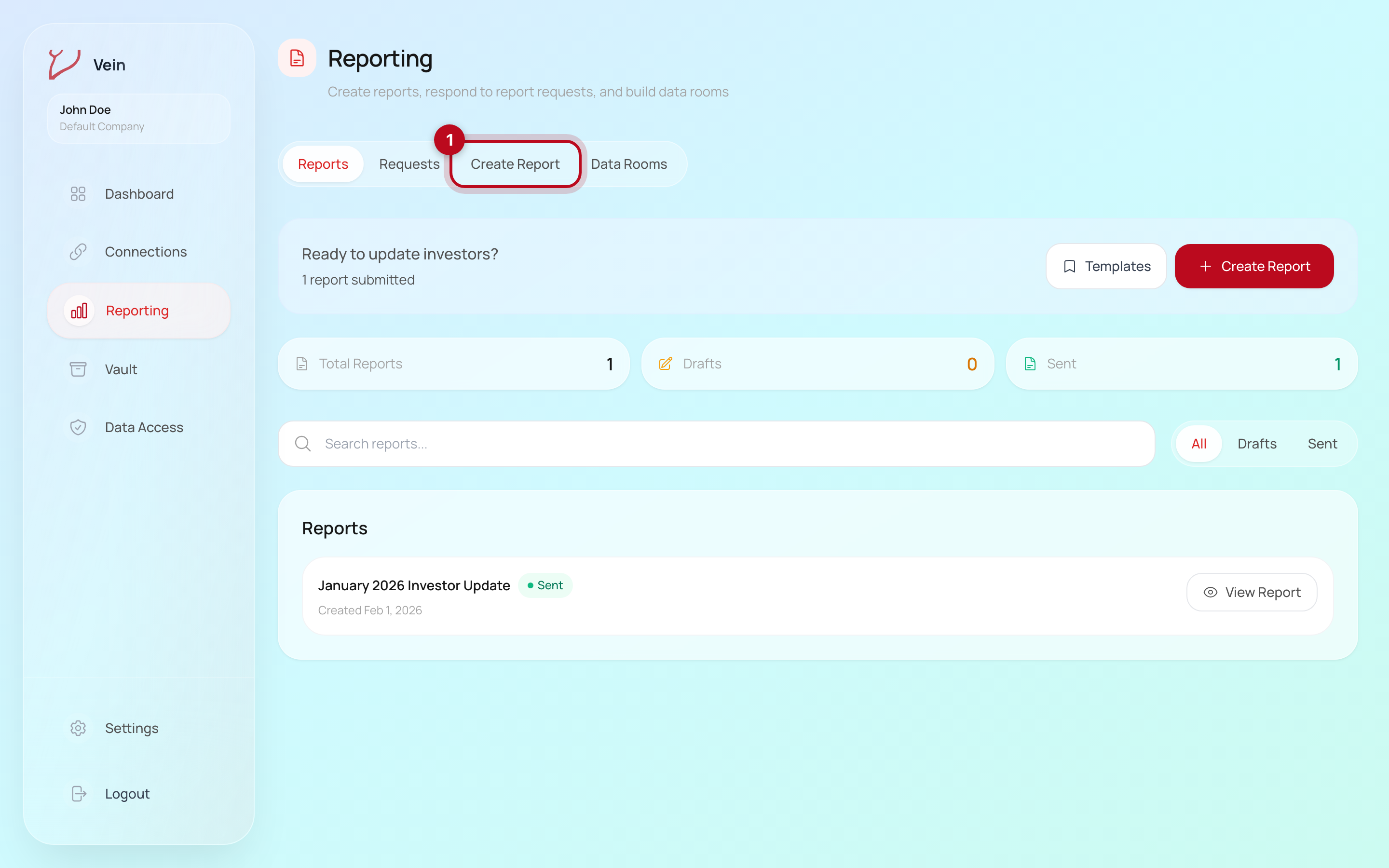 The Vein Reporting page with the Create Report button highlighted
