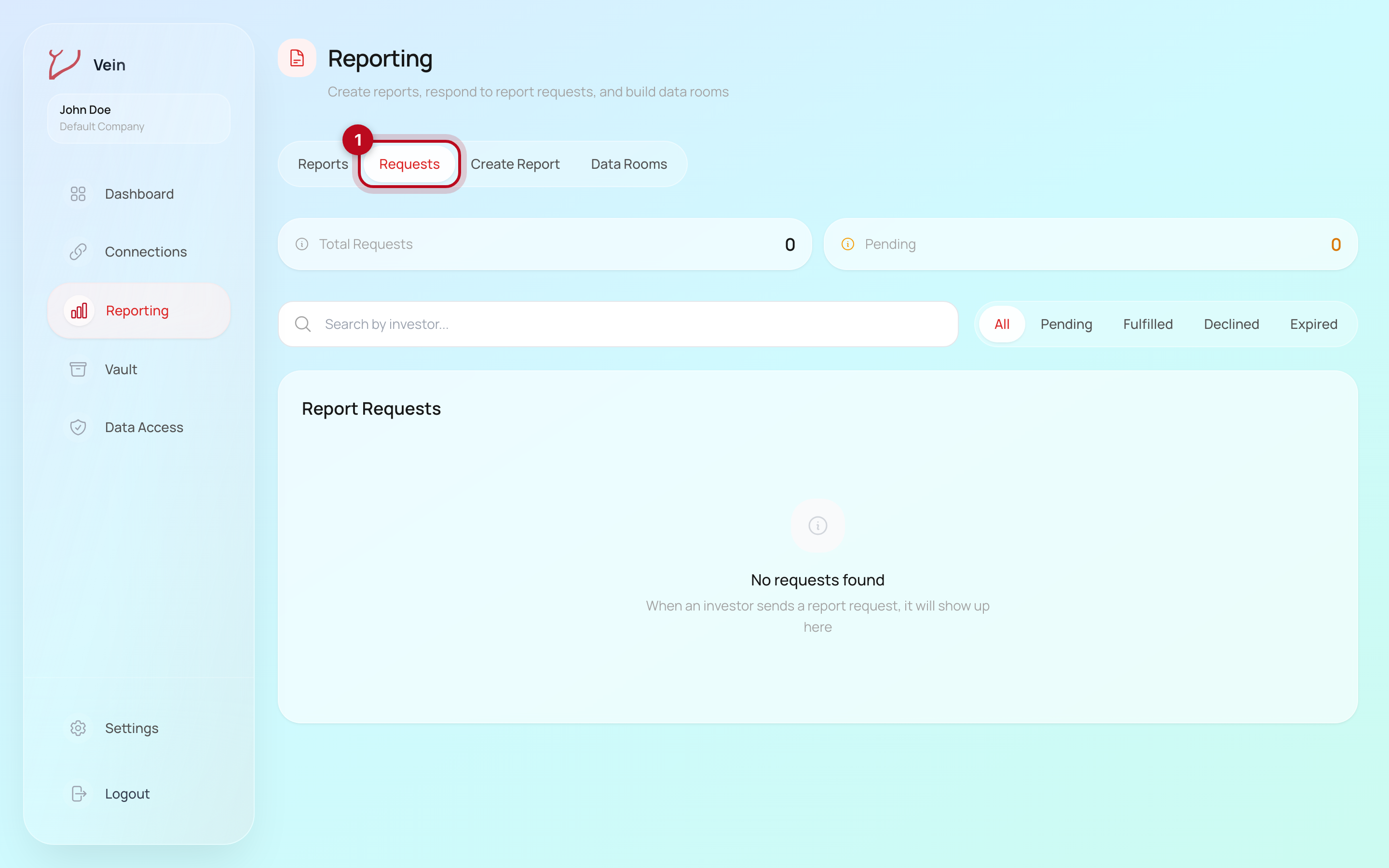 The Vein Reporting page with the Requests tab highlighted, showing request counts and status filters