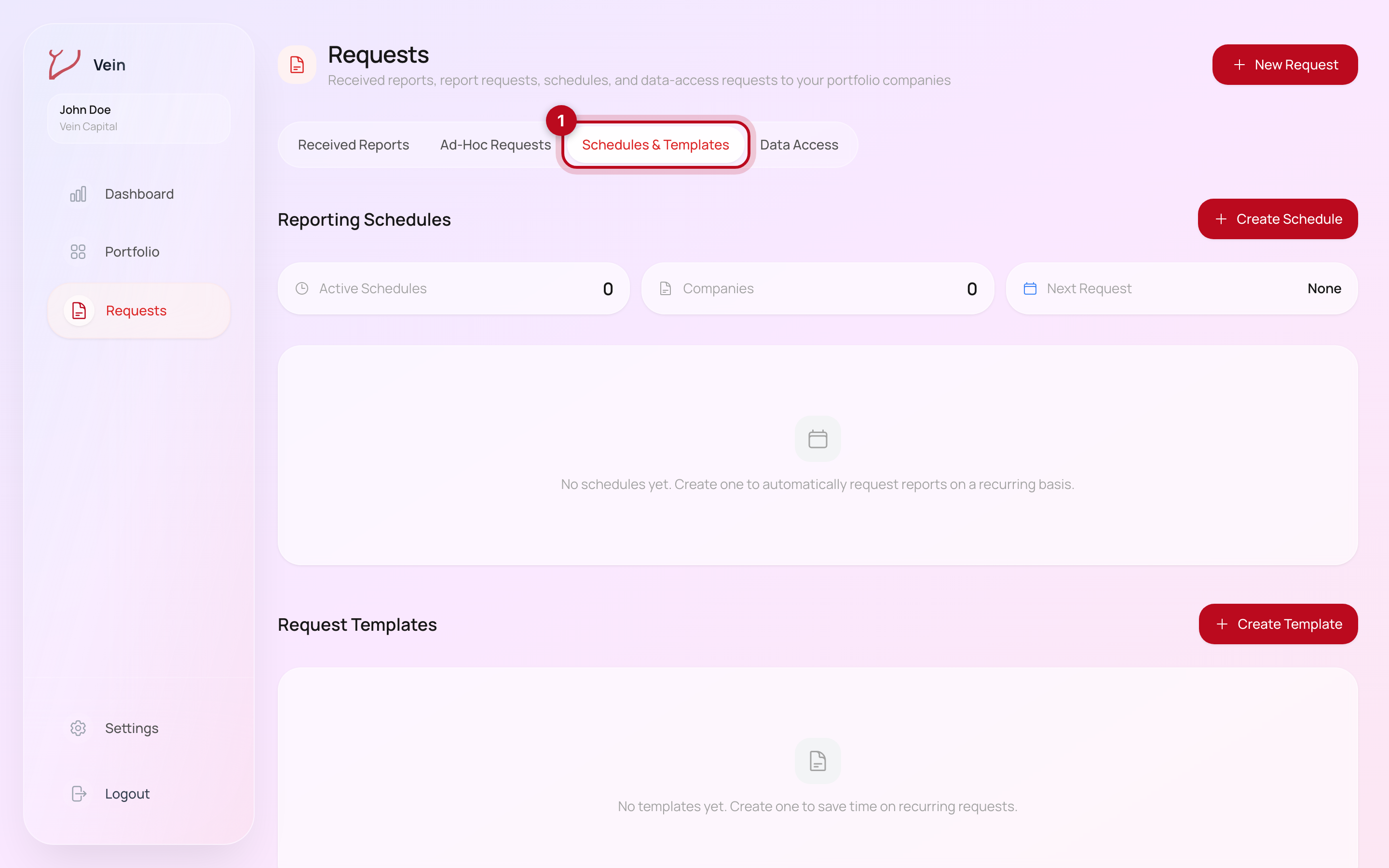 The Vein Requests page on the Schedules and Templates tab, showing Reporting Schedules above Request Templates