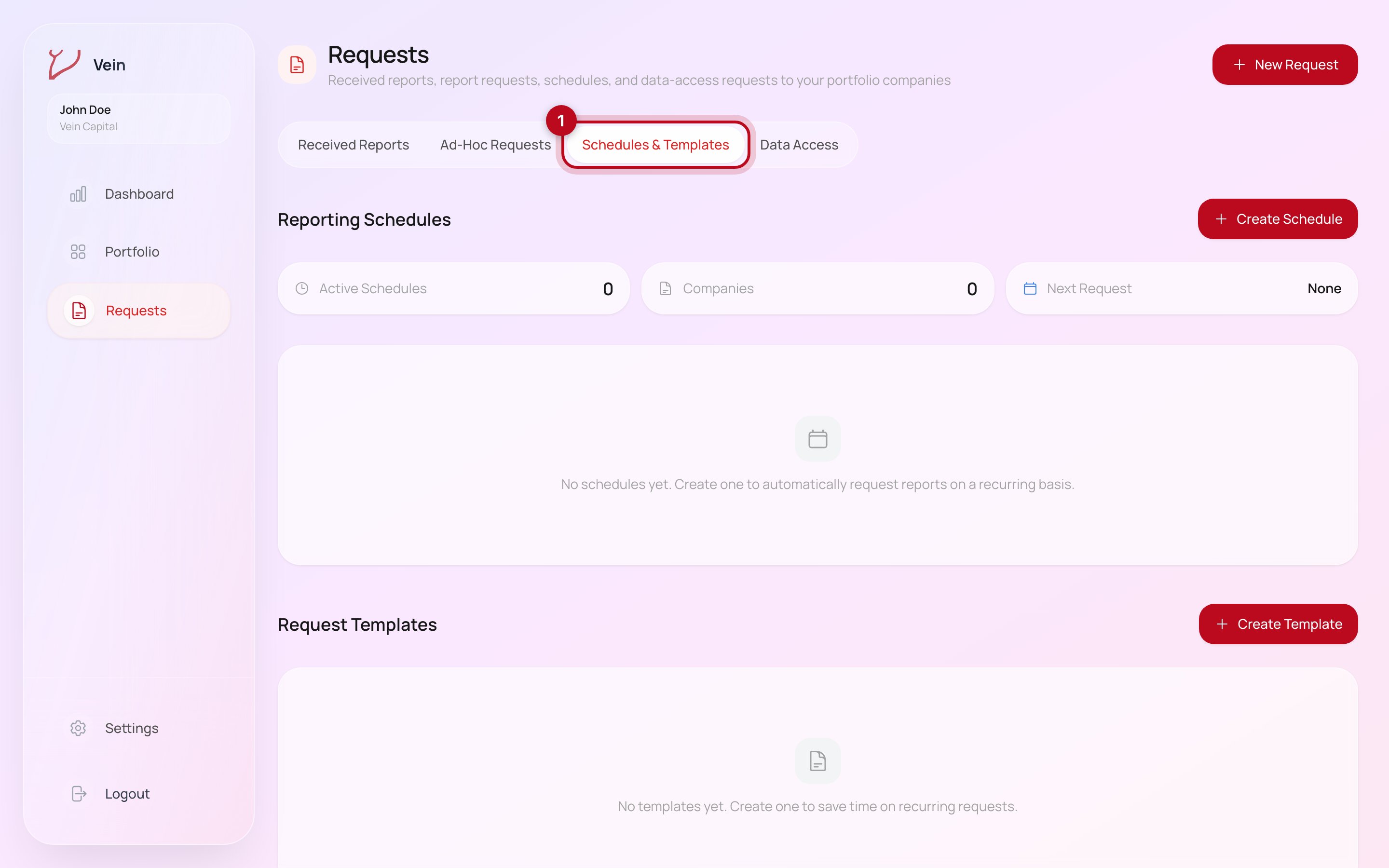 The Vein Requests page on the Schedules and Templates tab, showing Reporting Schedules above Request Templates