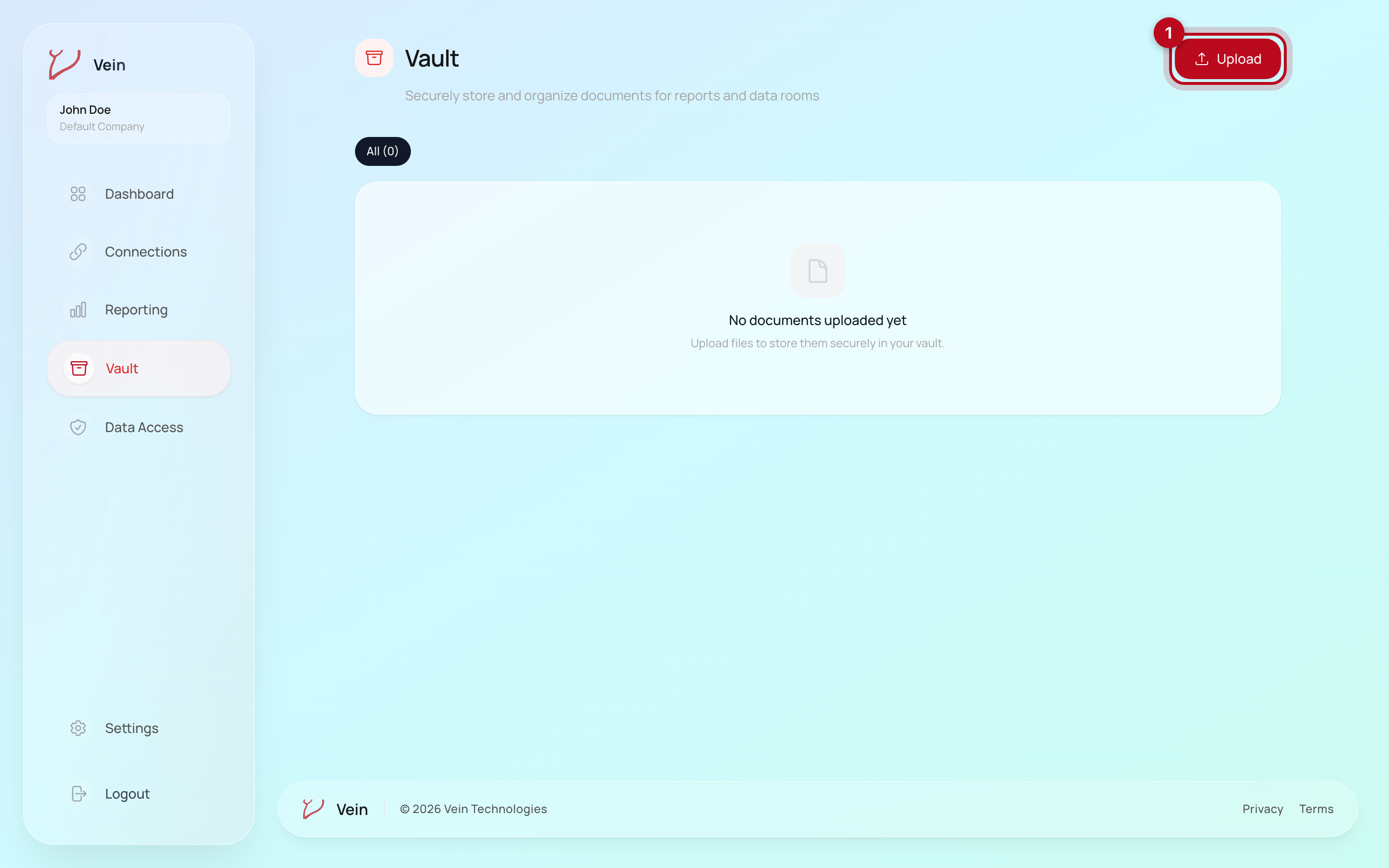 The Vein Vault page with the Upload button highlighted