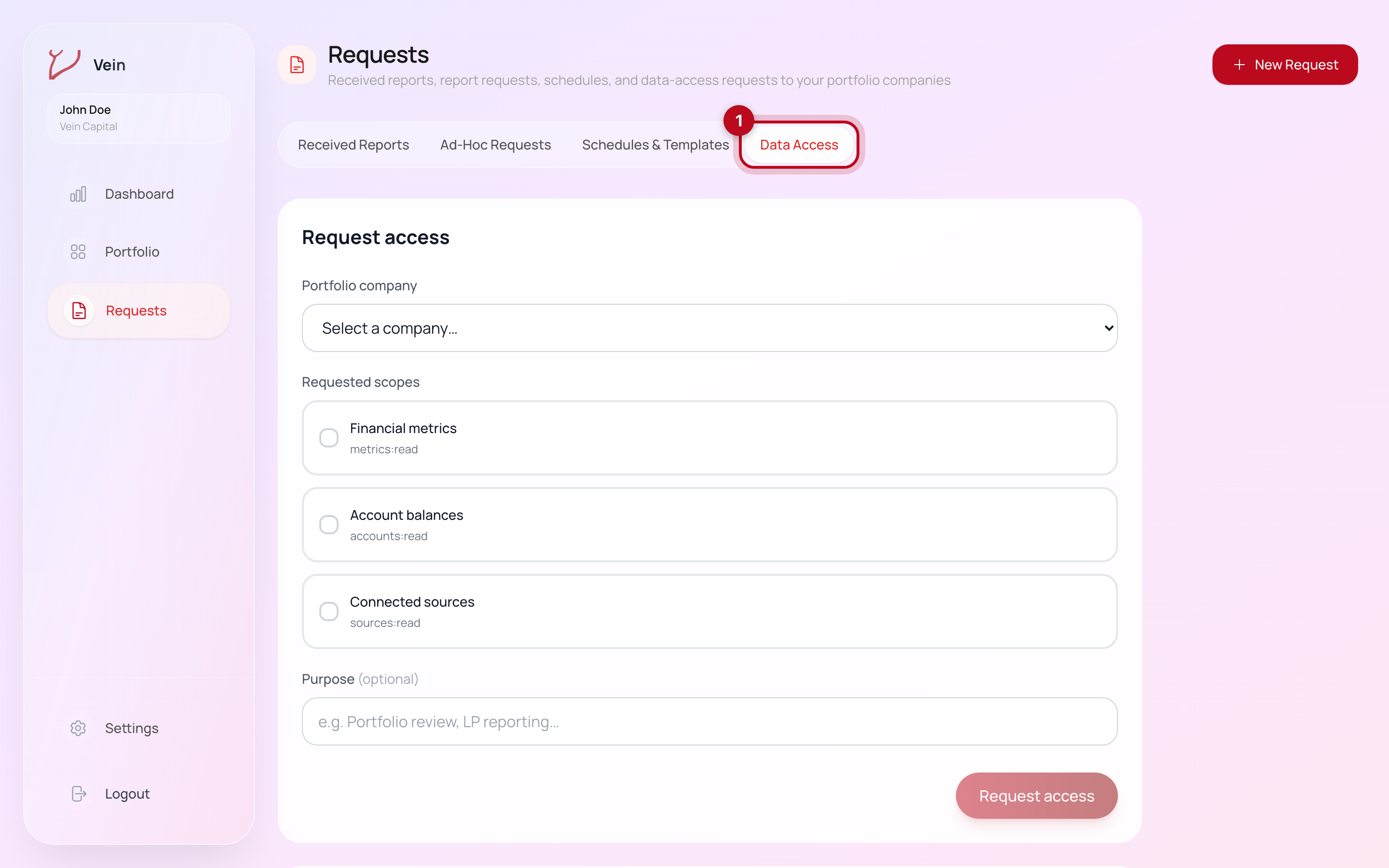 The Vein Requests page for investors with the Data Access tab highlighted