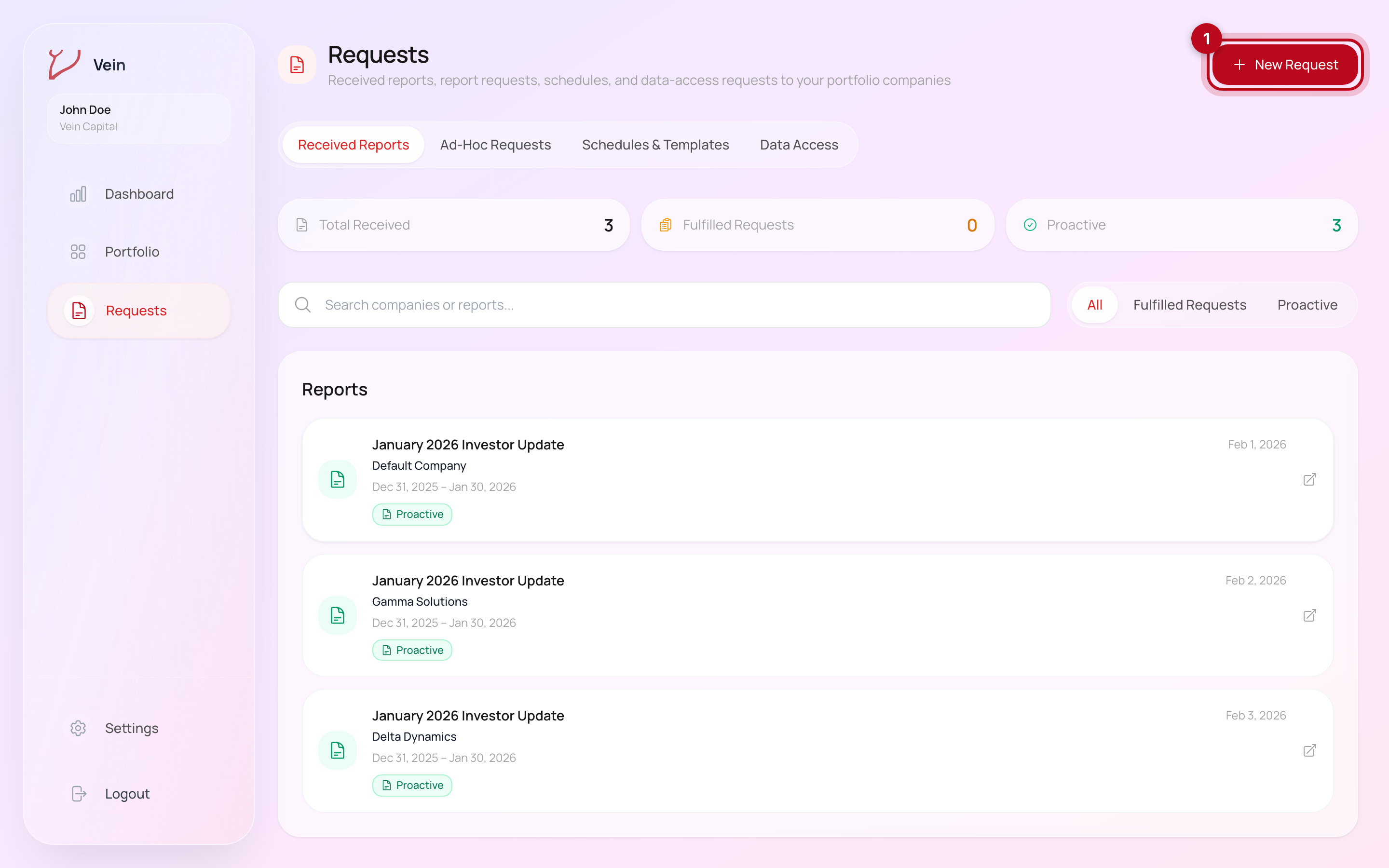 The Vein Requests page for investors with the New Request button highlighted