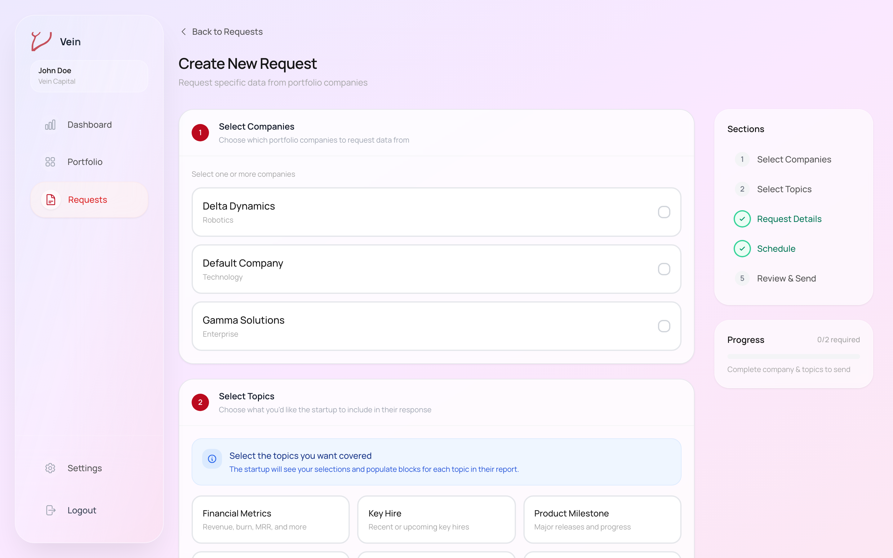 The Vein new request form, showing company selection and topic selection