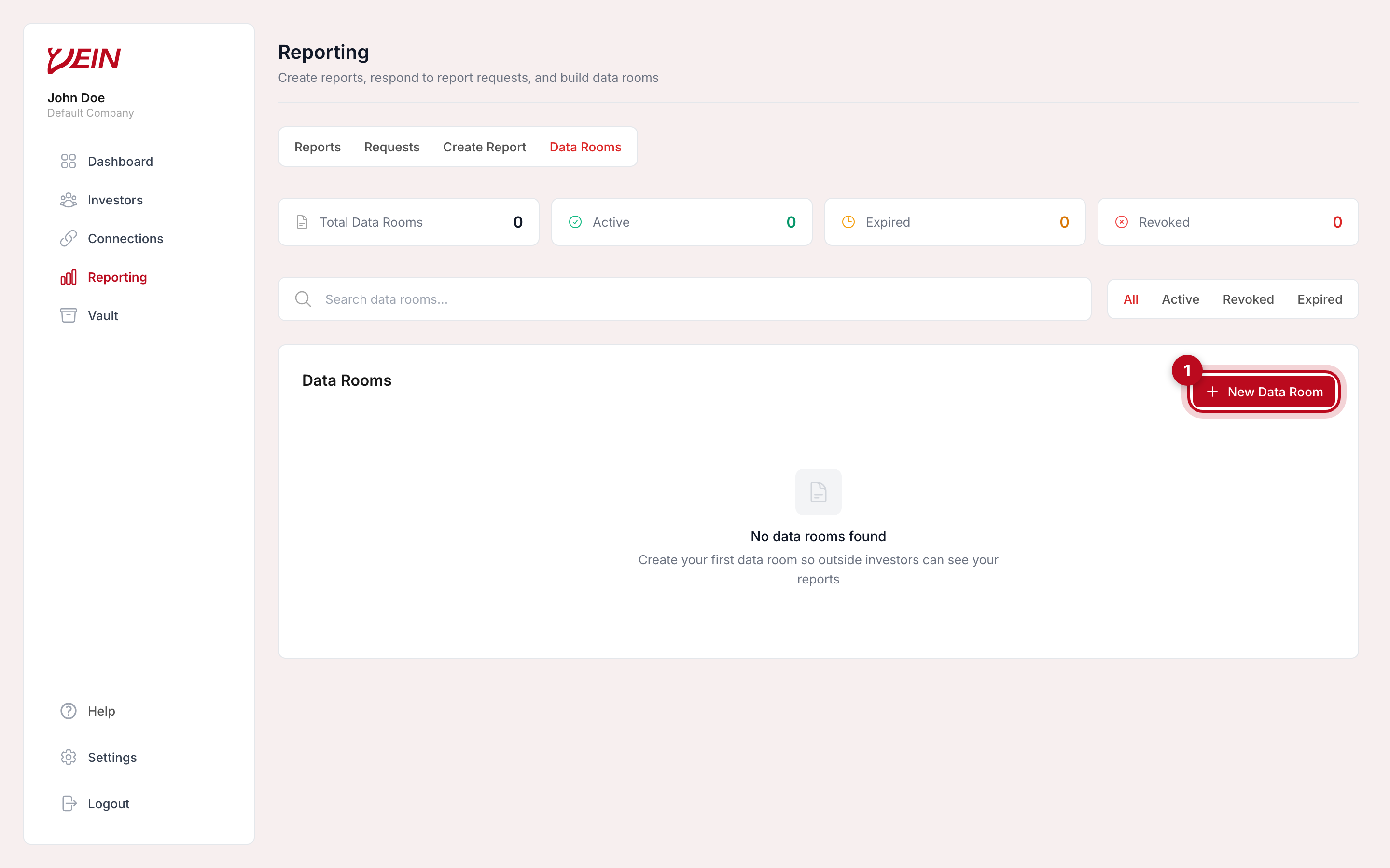 The Vein Reporting page on the Data Rooms tab with the New Data Room button highlighted