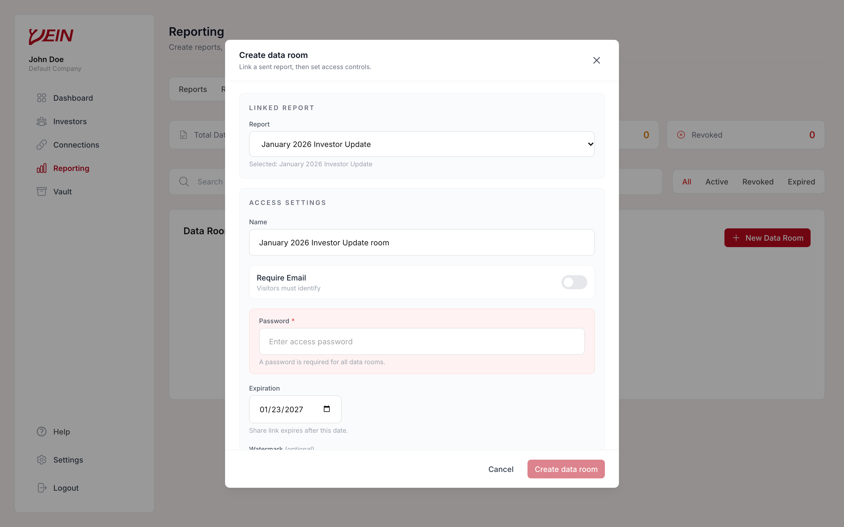 The Vein create data room dialog, showing the linked report picker and access settings