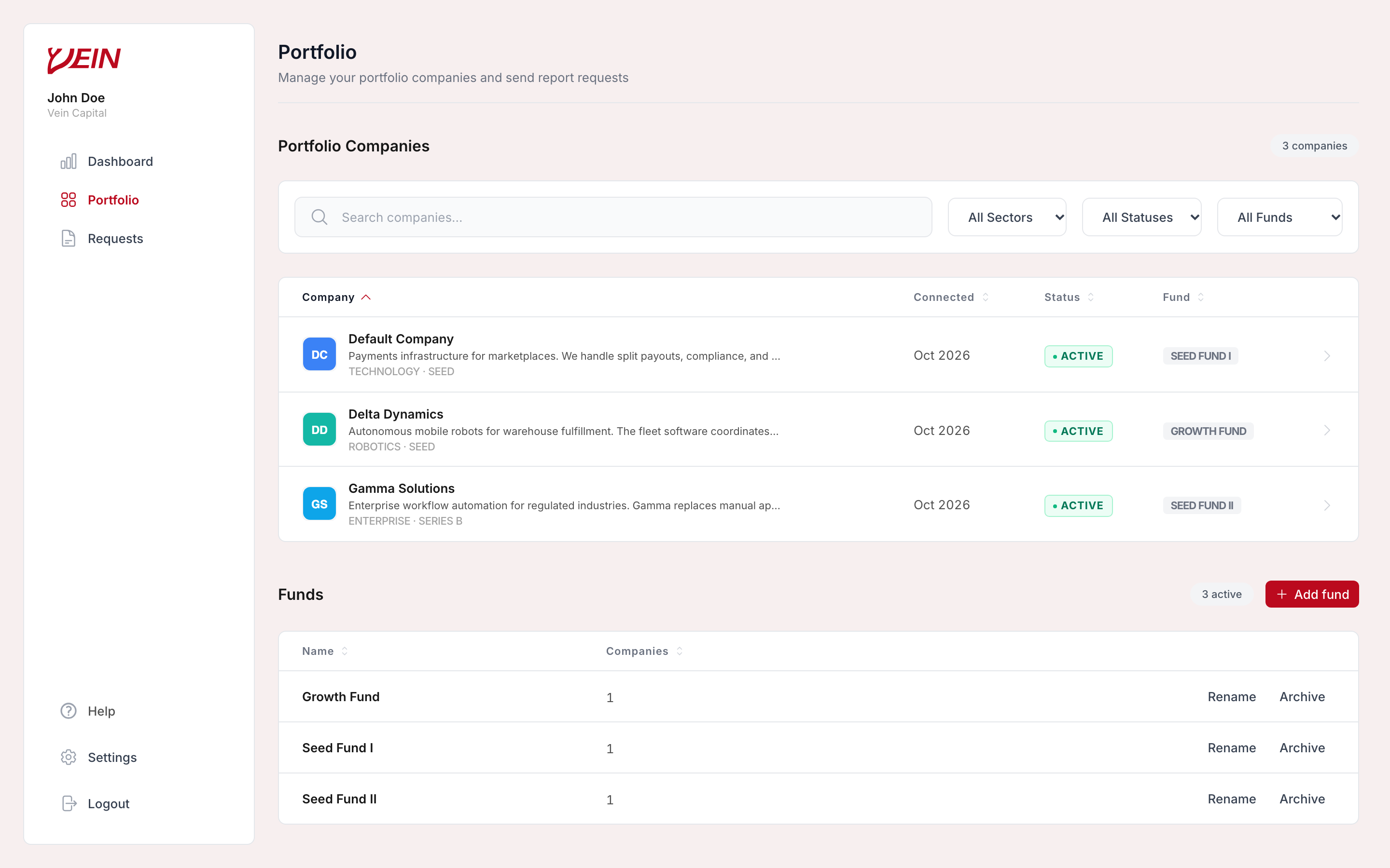 The Vein Portfolio page listing companies with connection date, status, and fund, above the Funds table