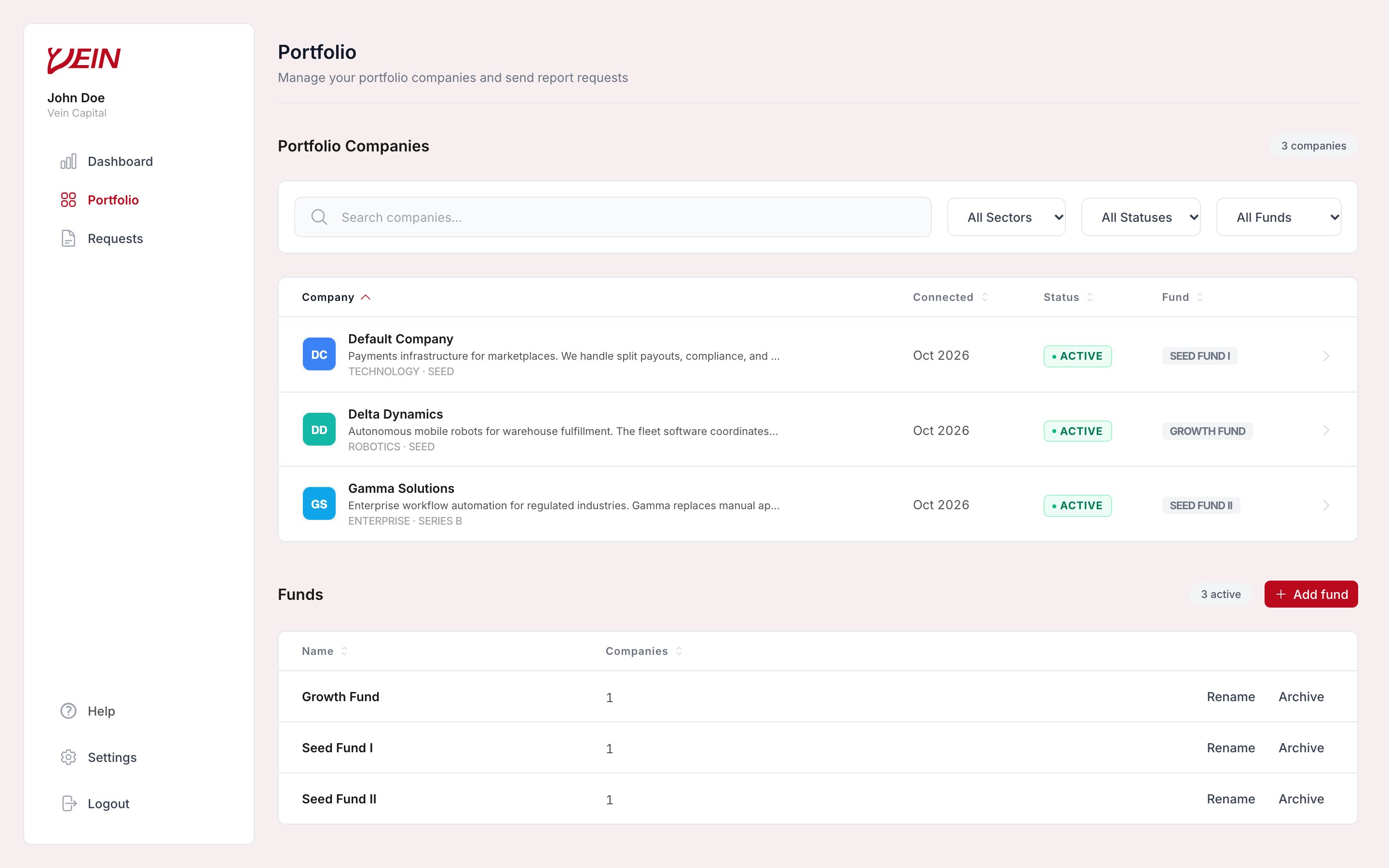 The Vein Portfolio page listing companies with connection date, status, and fund, above the Funds table