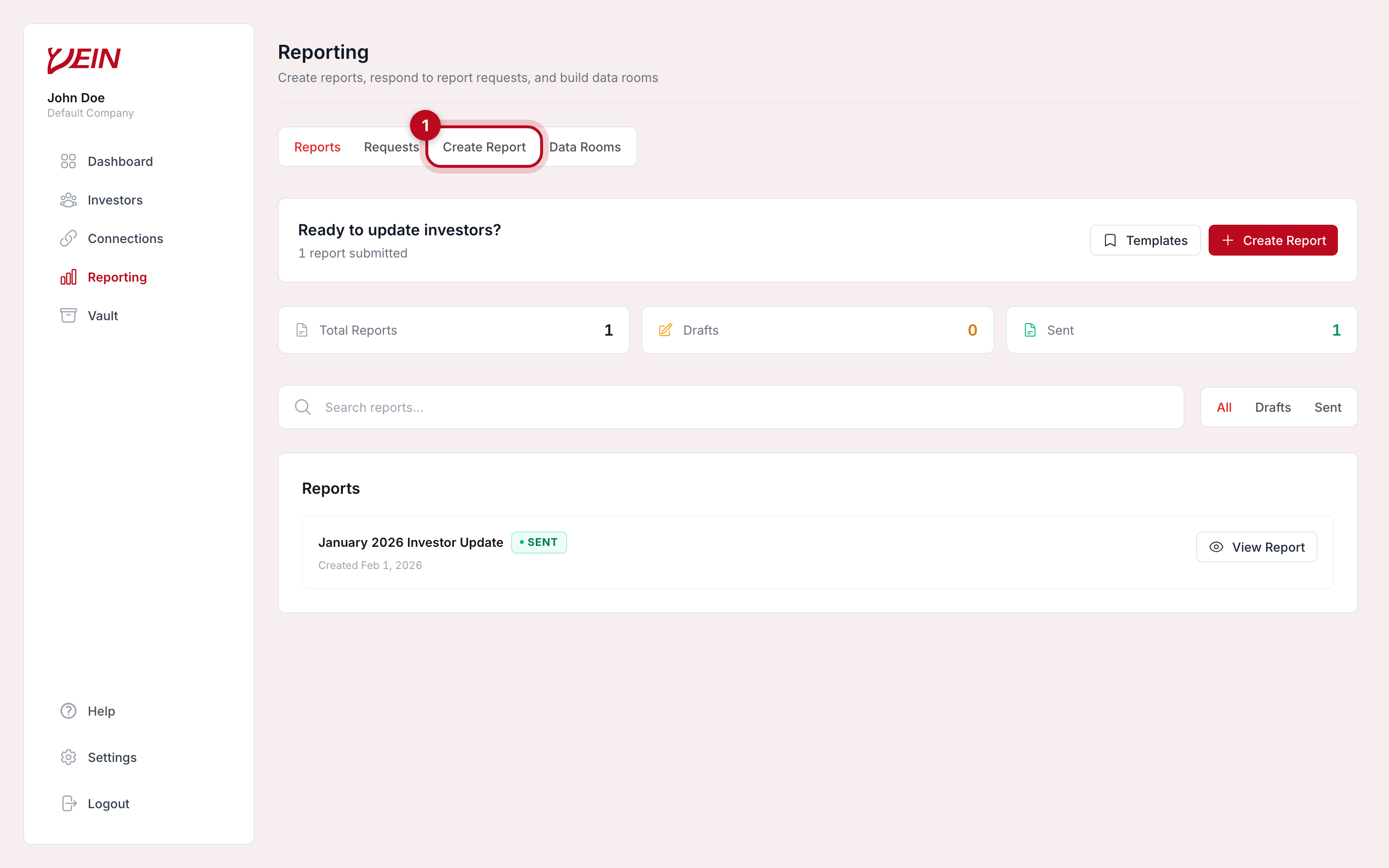 The Vein Reporting page with the Create Report button highlighted