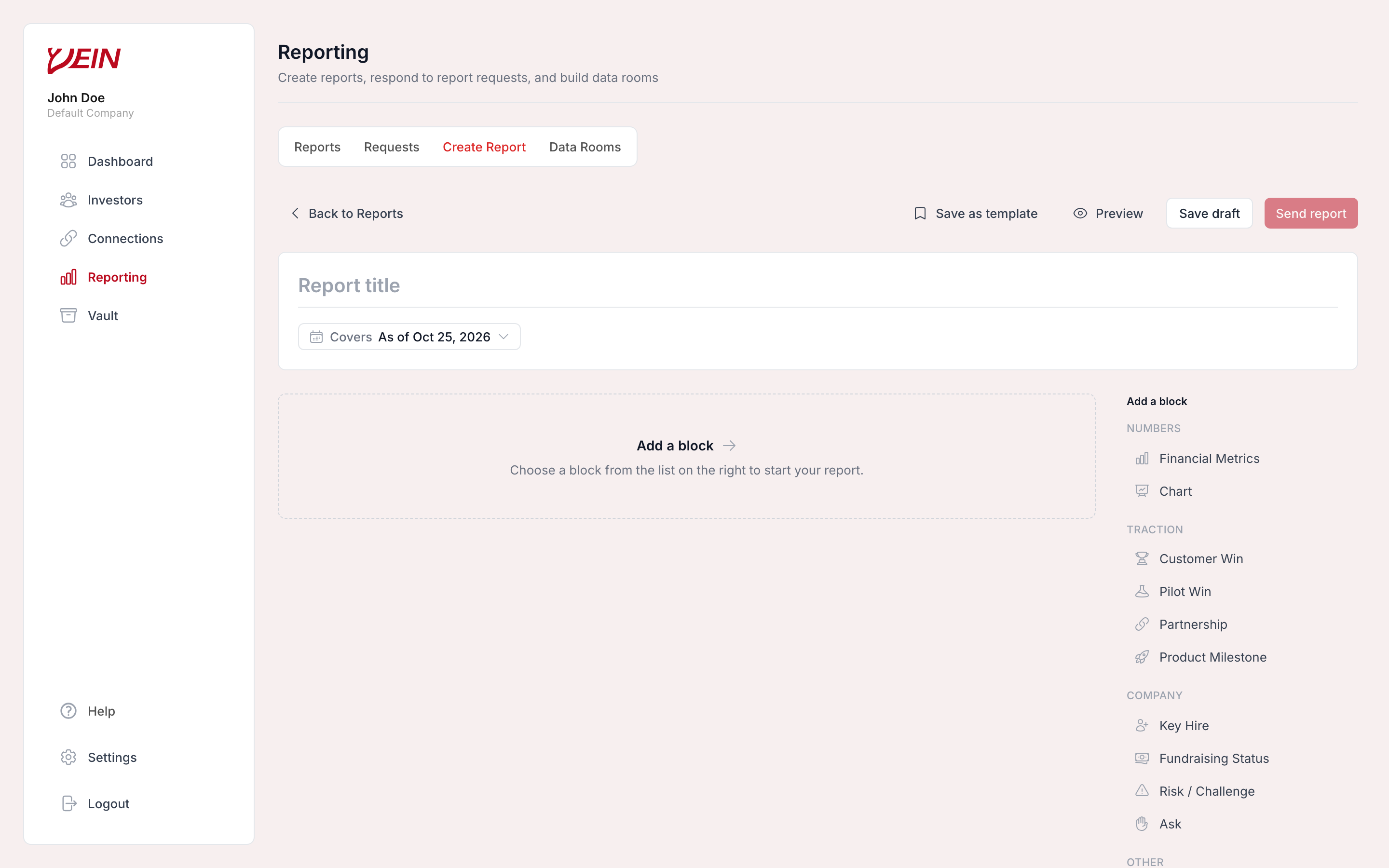 The Vein report editor showing the report title, the Covers control, the Add a block list, and the Send report button