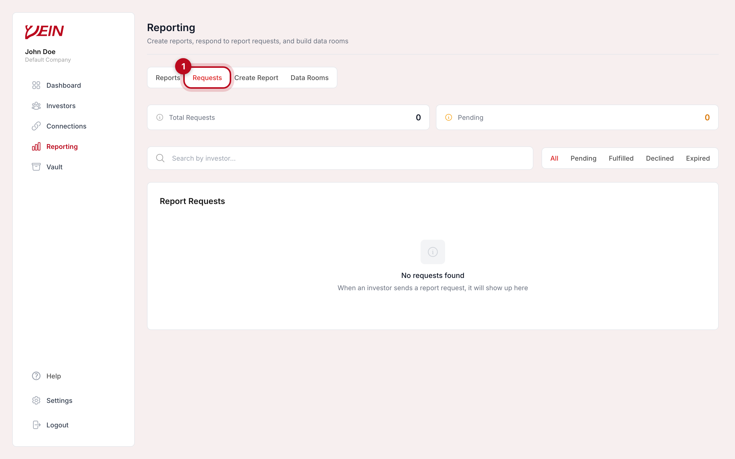 The Vein Reporting page with the Requests tab highlighted, showing request counts and status filters