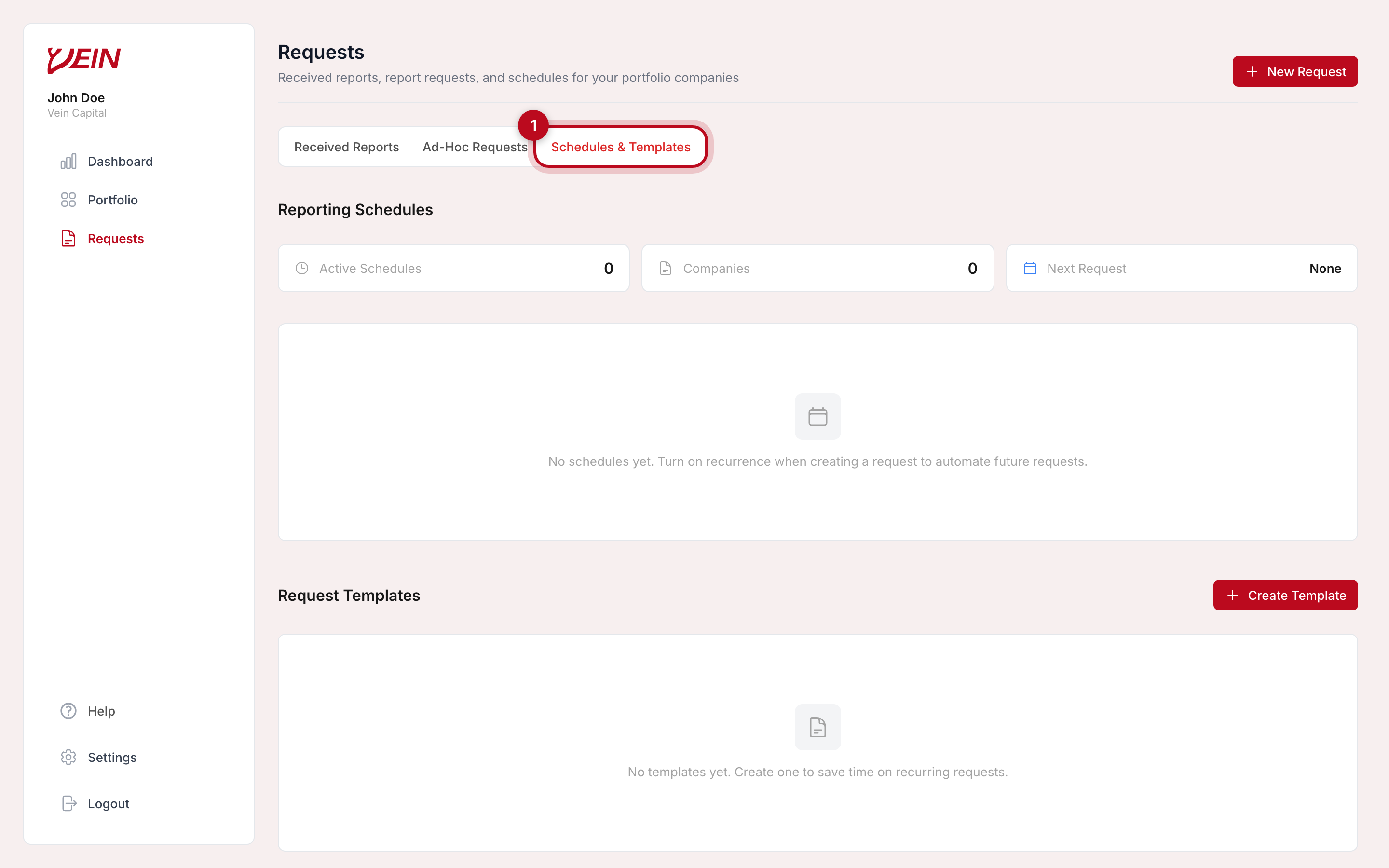 The Vein Requests page on the Schedules and Templates tab, showing Reporting Schedules above Request Templates