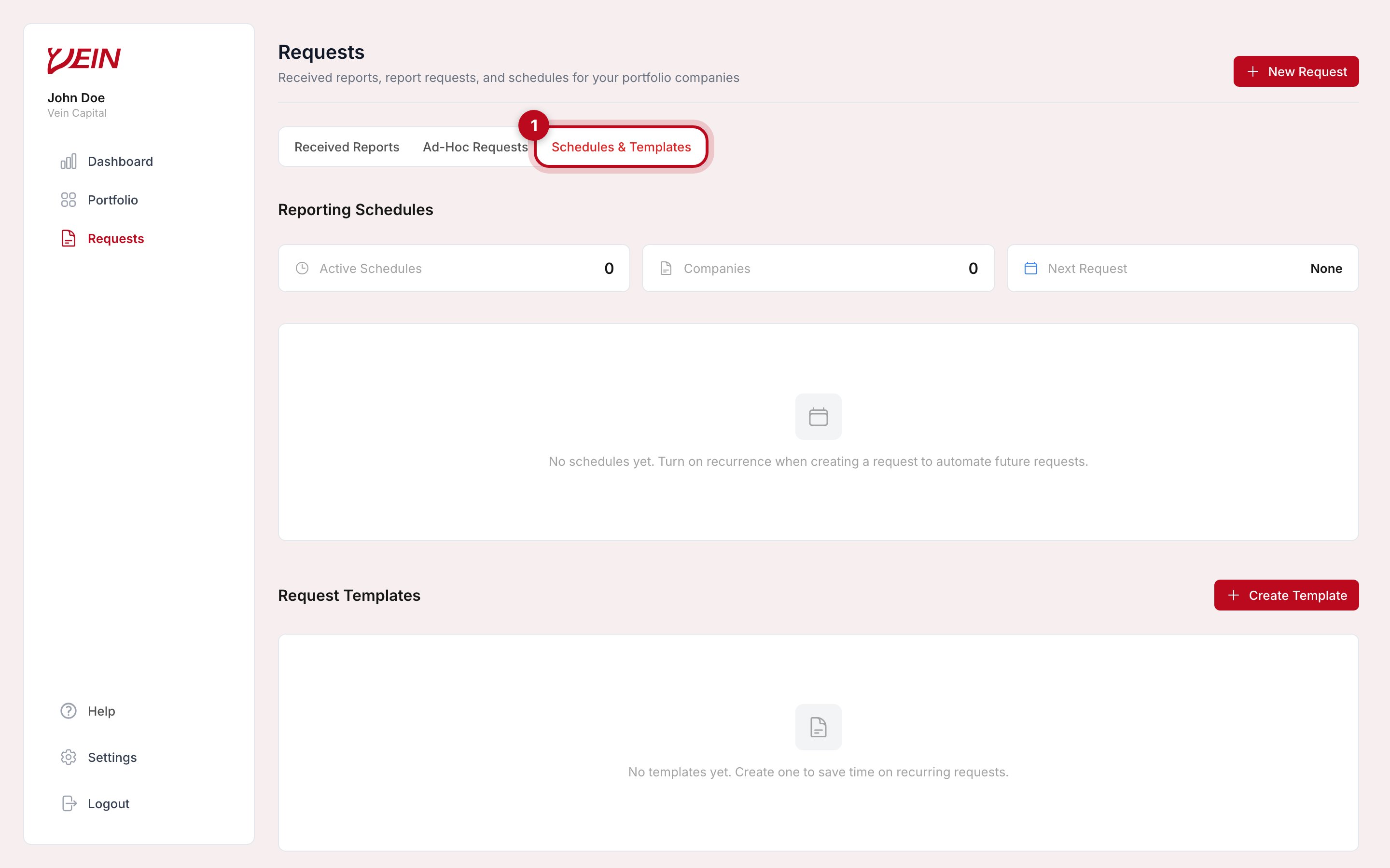 The Vein Requests page on the Schedules and Templates tab, showing Reporting Schedules above Request Templates
