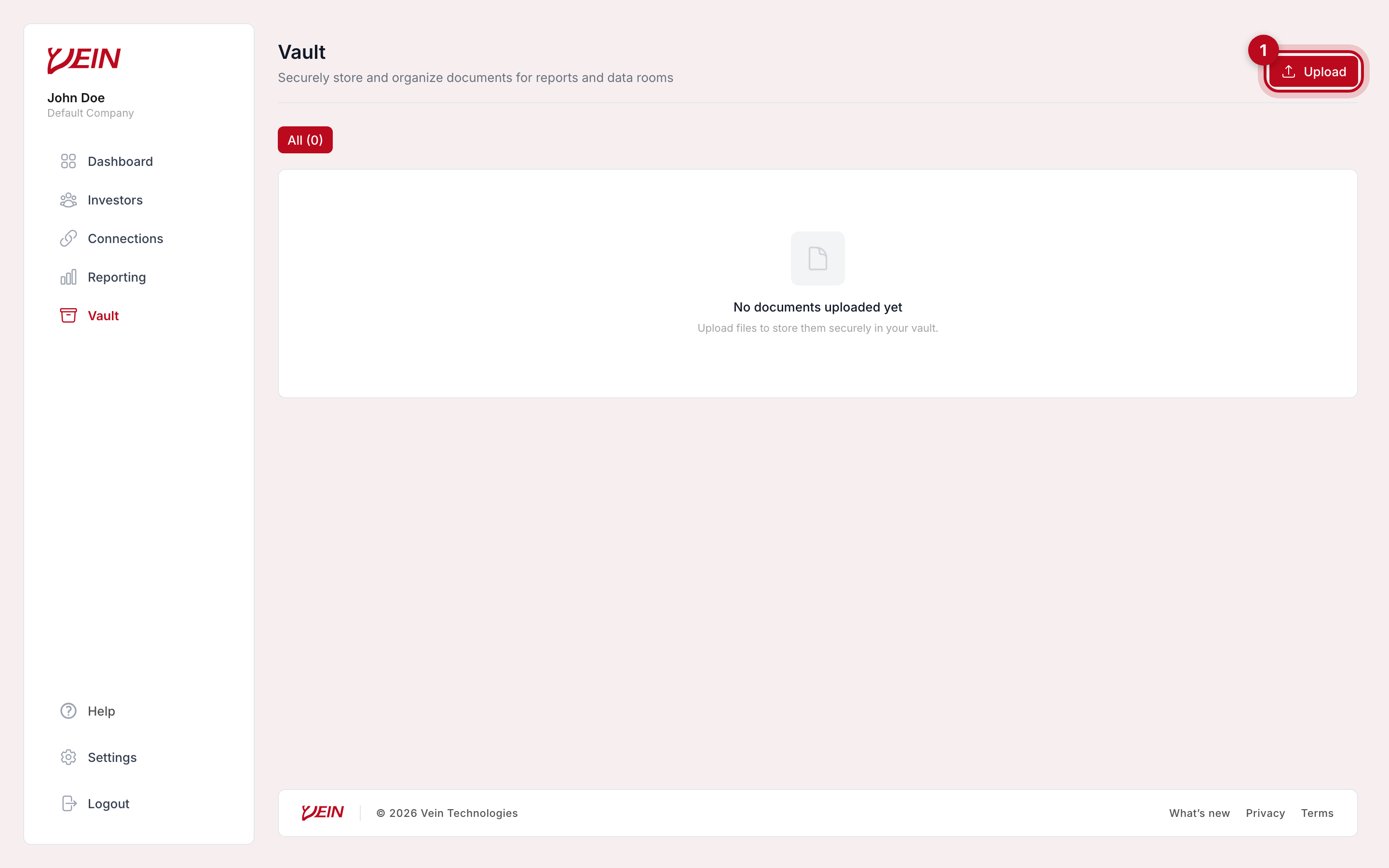 The Vein Vault page with the Upload button highlighted