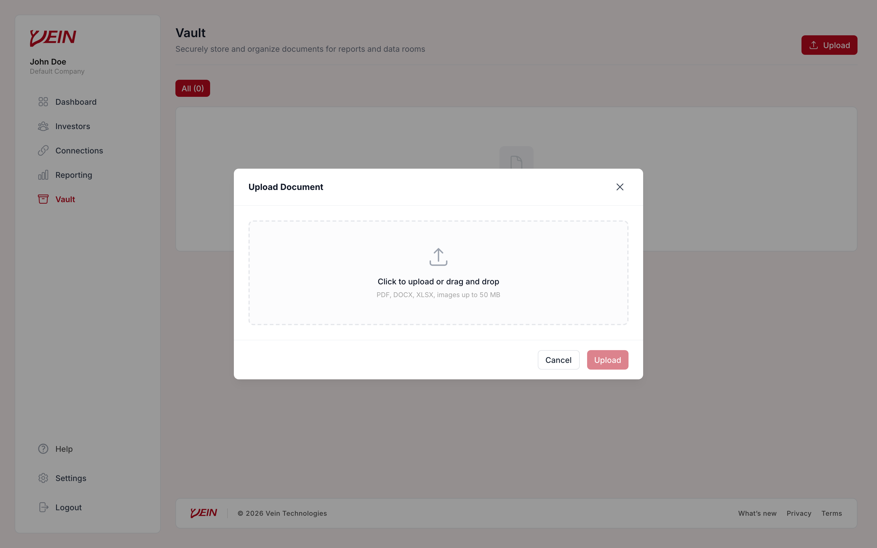 The Vein Upload Document dialog, showing the drag and drop area and accepted file types