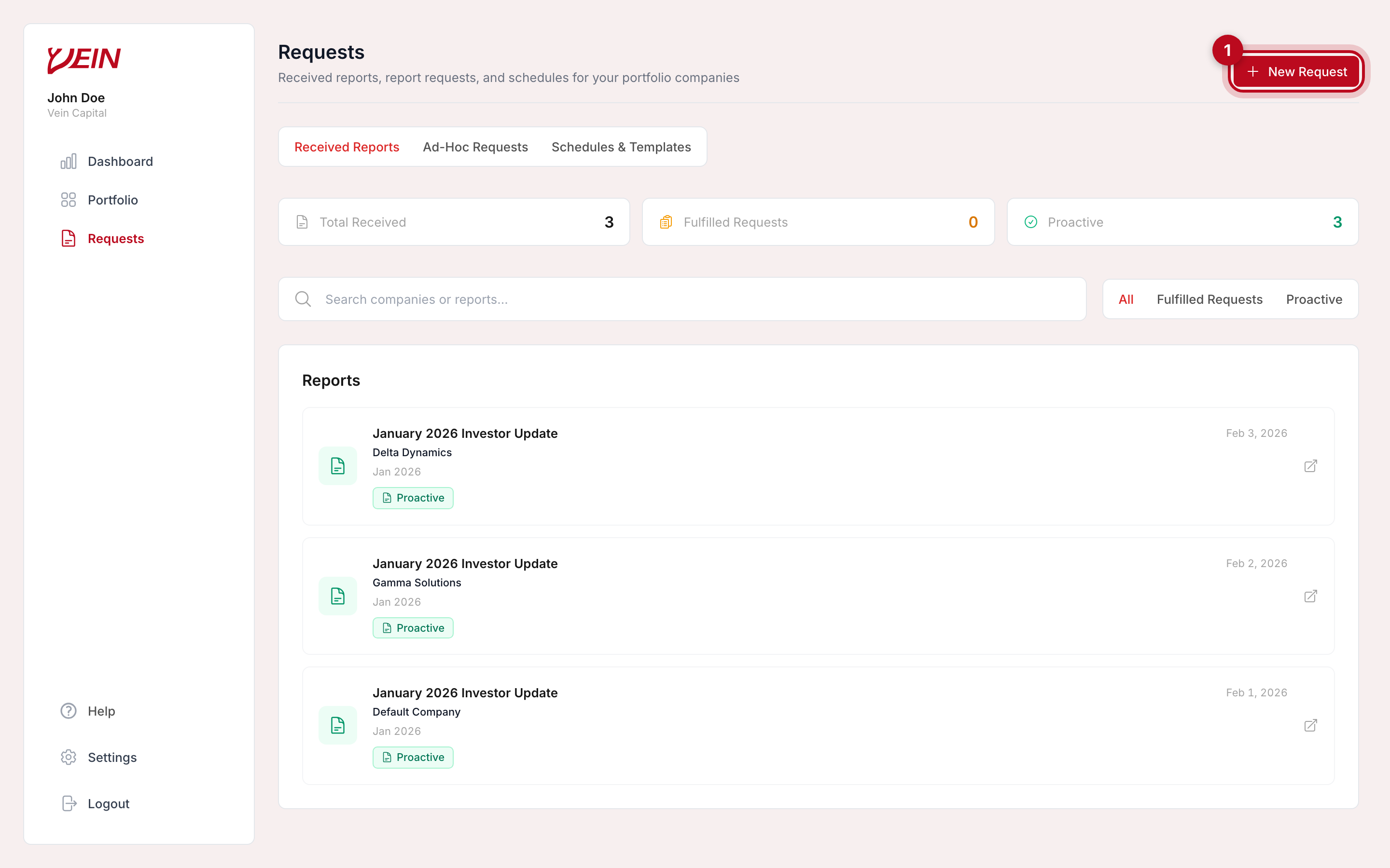 The Vein Requests page for investors with the New Request button highlighted