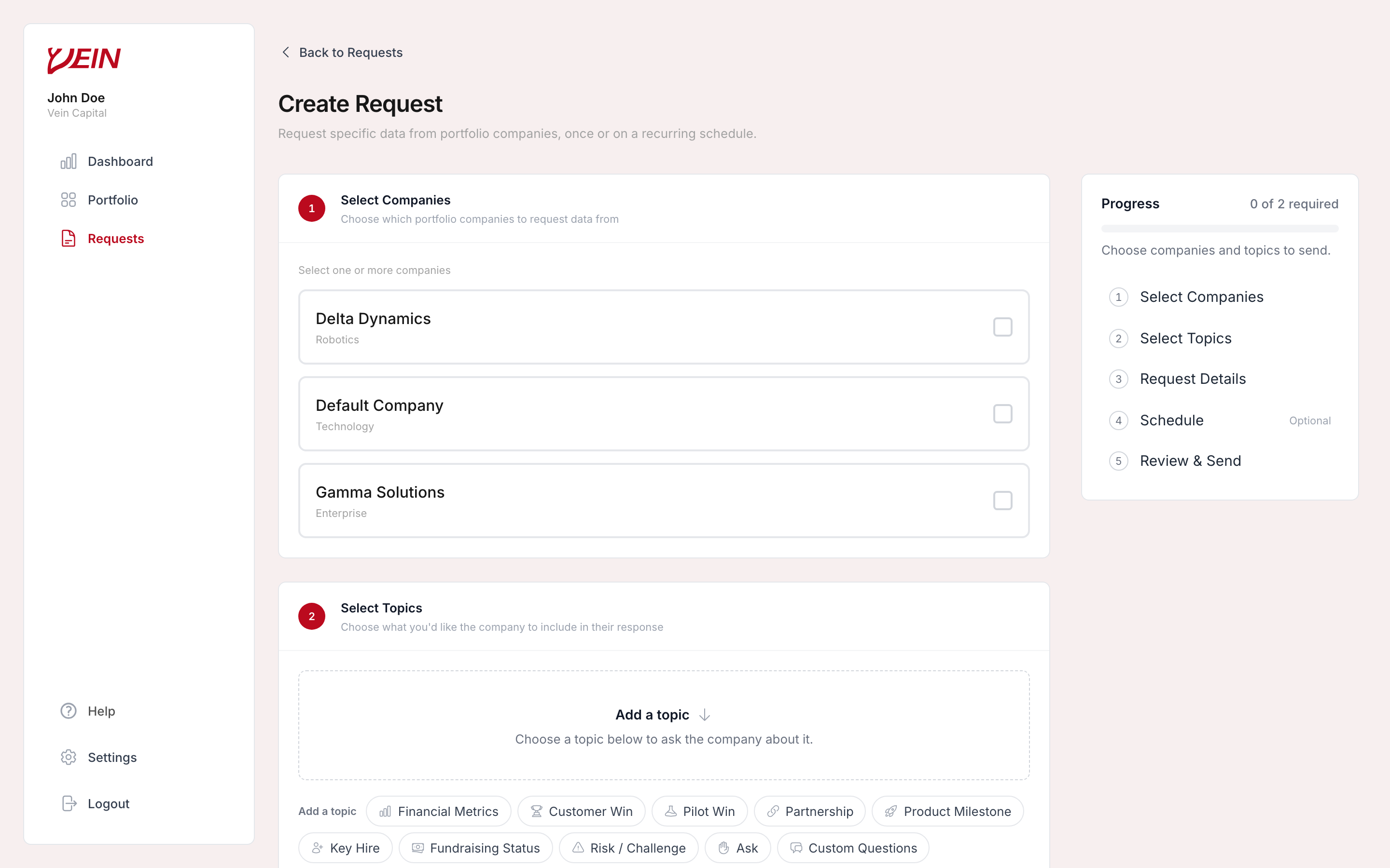 The Vein new request form, showing company selection and topic selection
