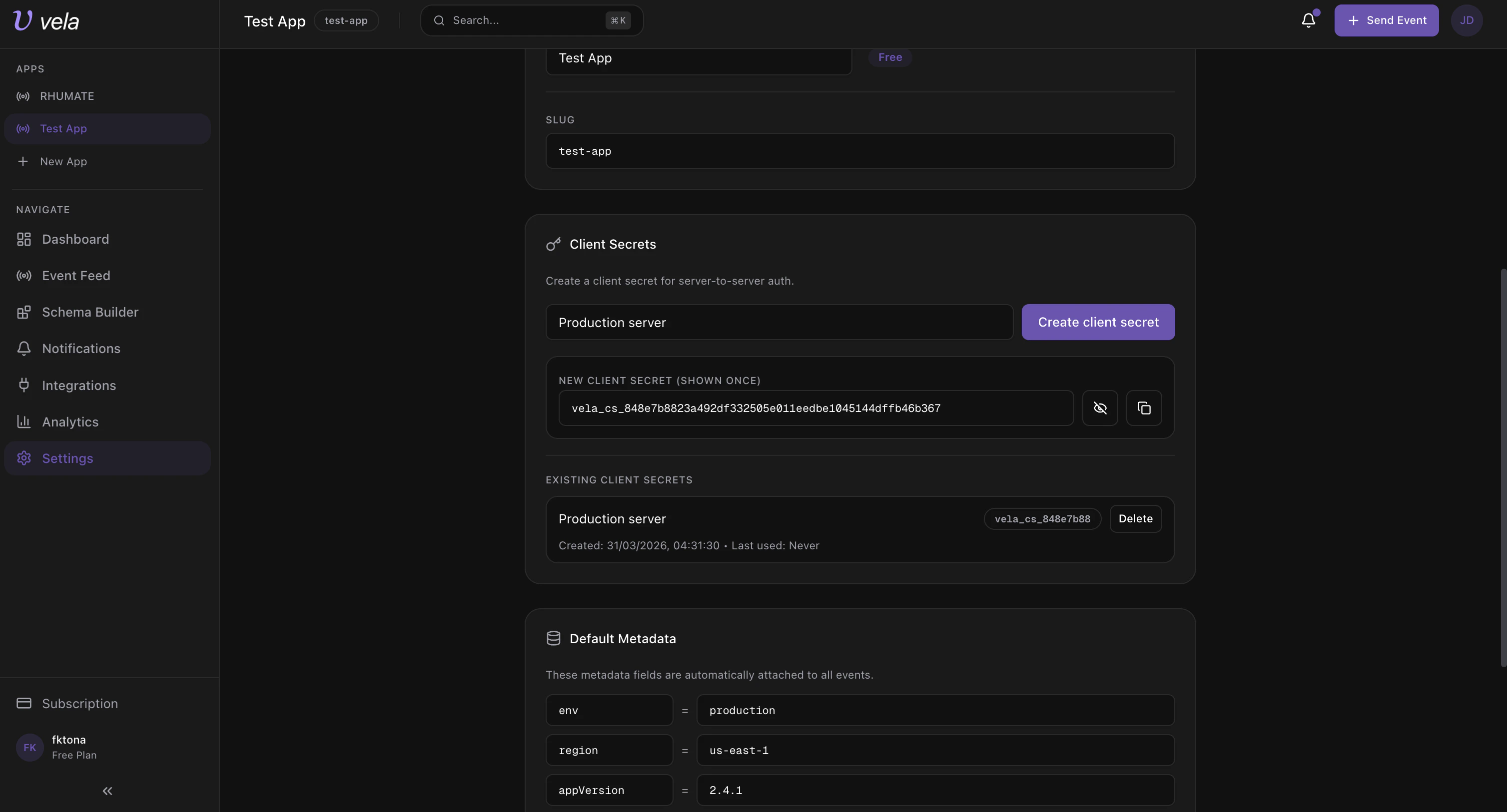 Settings page with client secrets