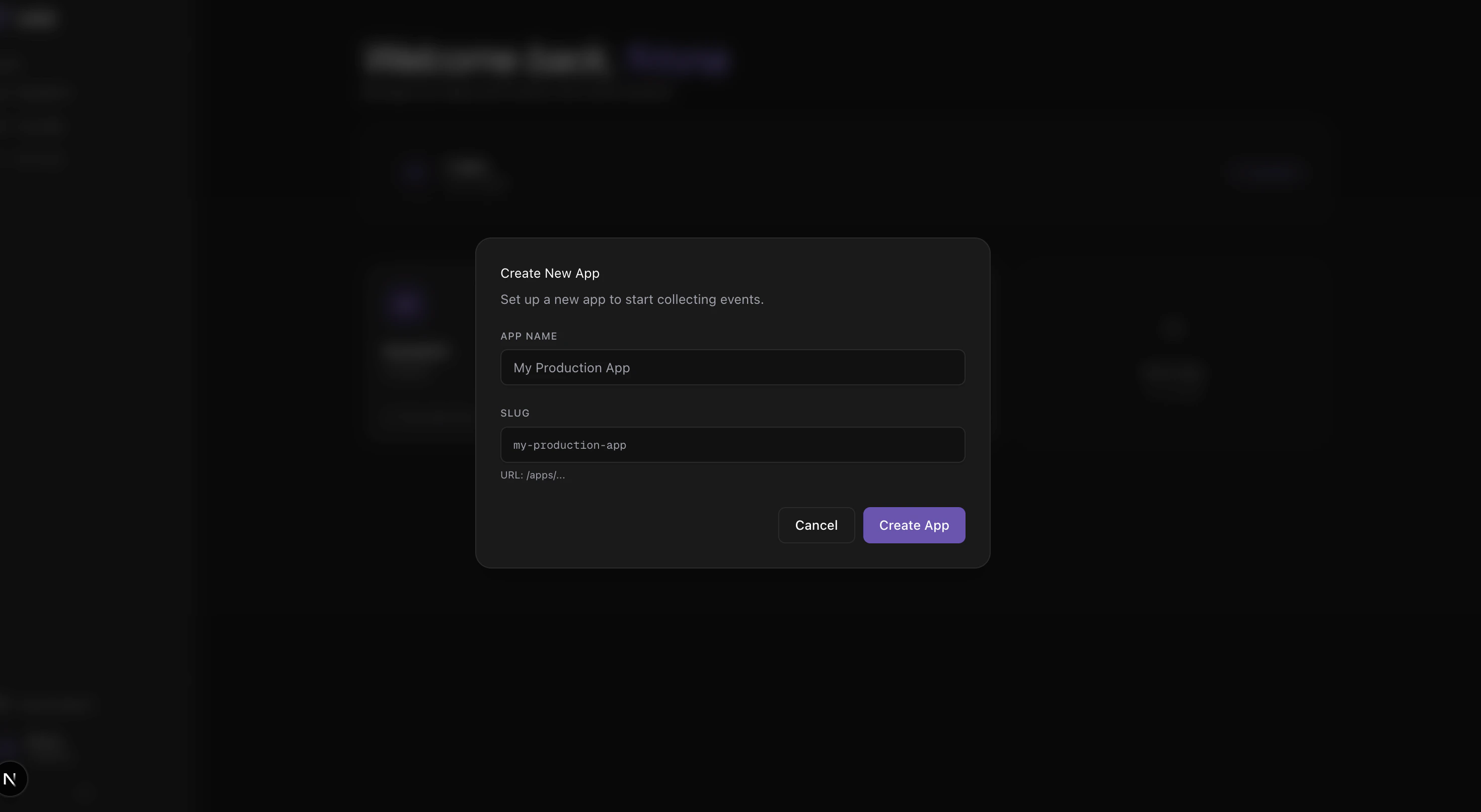 Create New App modal