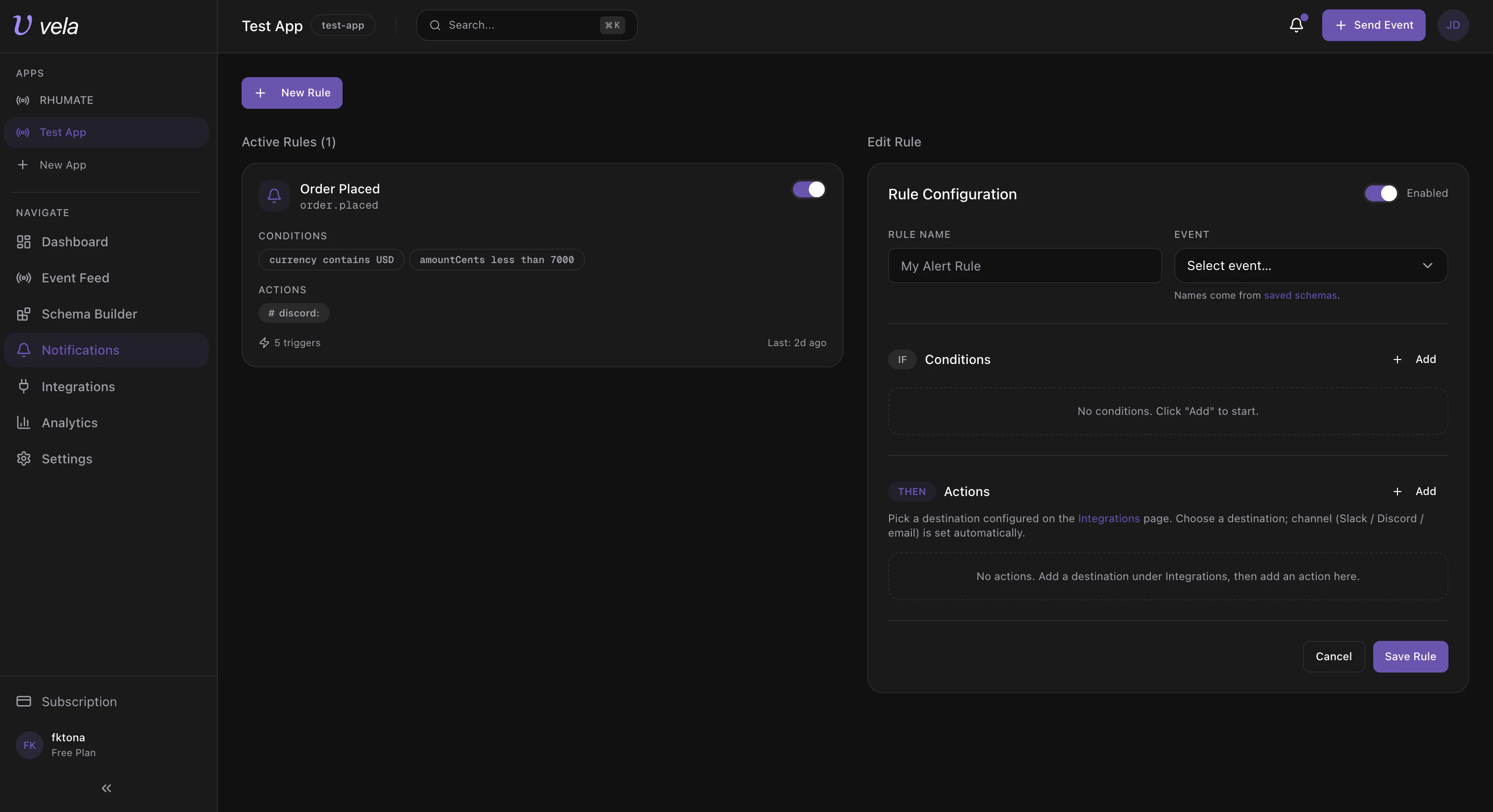 Notifications page with rule builder
