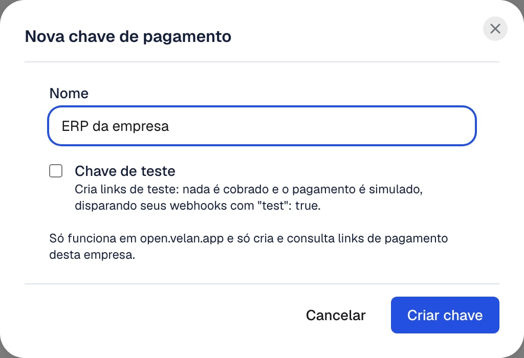 Modal Nova chave de pagamento com o campo Nome e a opção Chave de teste