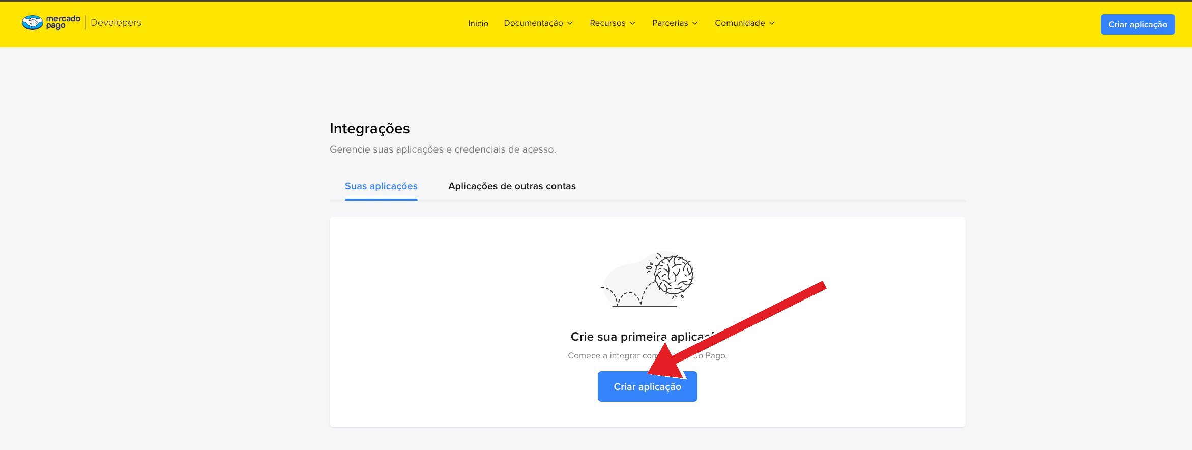 Tela de Integrações com botão Criar aplicação