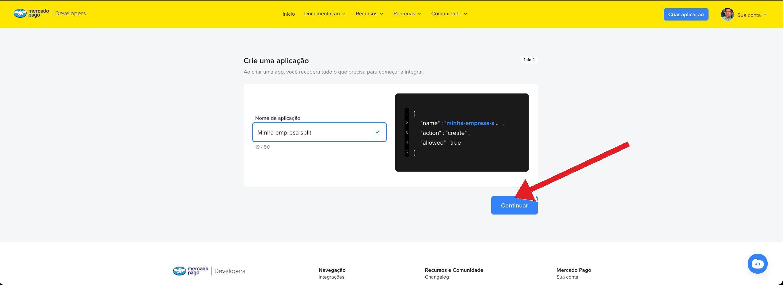 Formulário com nome da aplicação preenchido