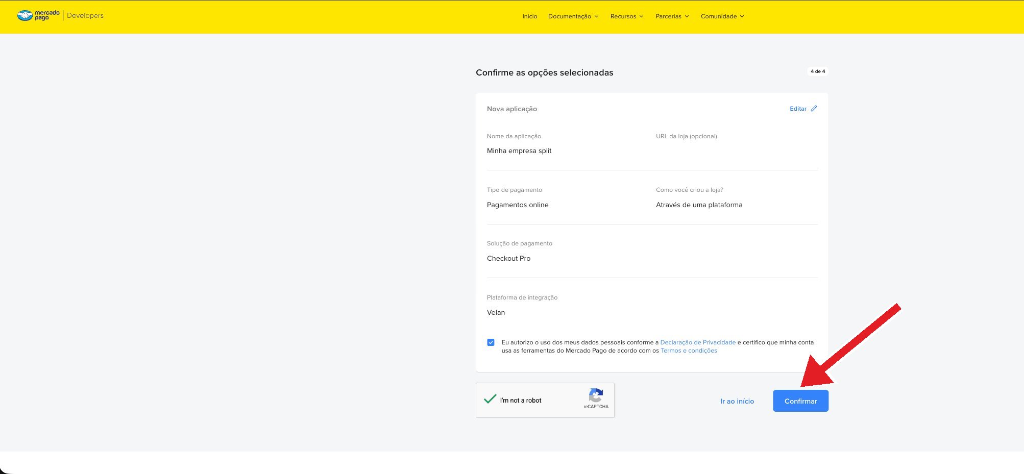 Tela de confirmação das opções antes de criar