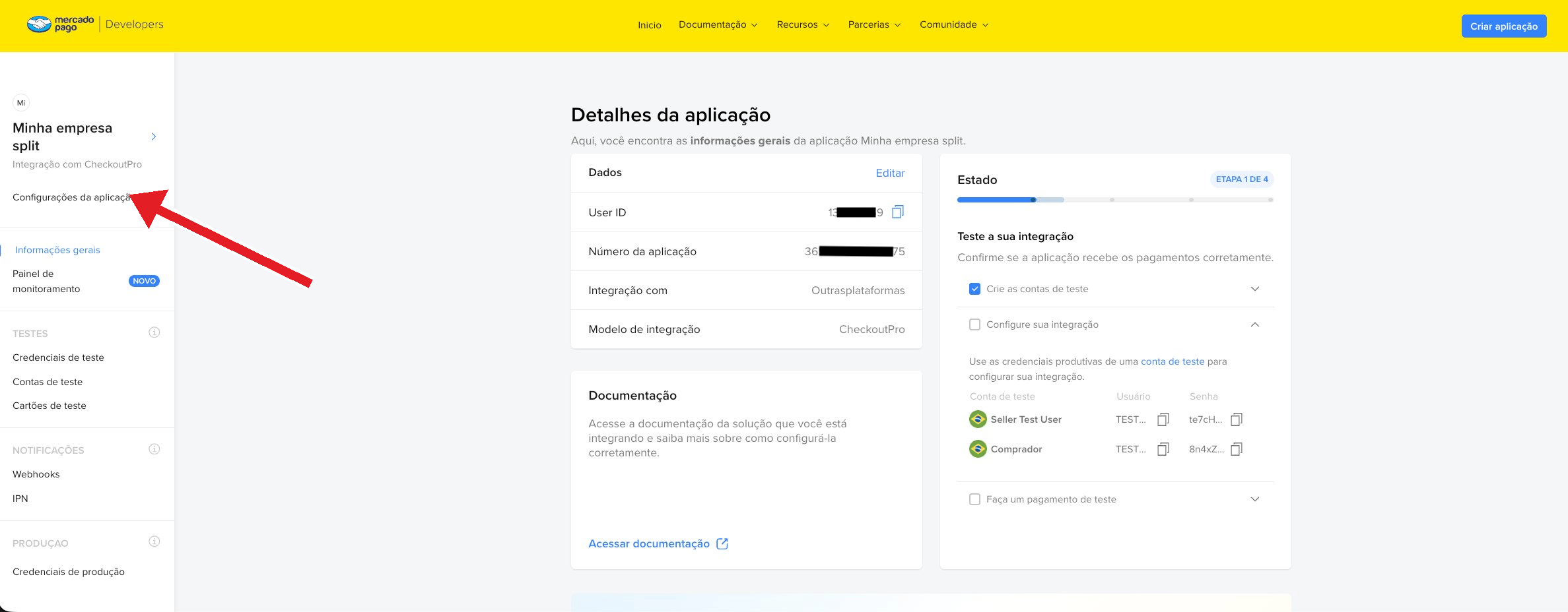Detalhes da aplicação com menu lateral destacando Configurações da aplicação
