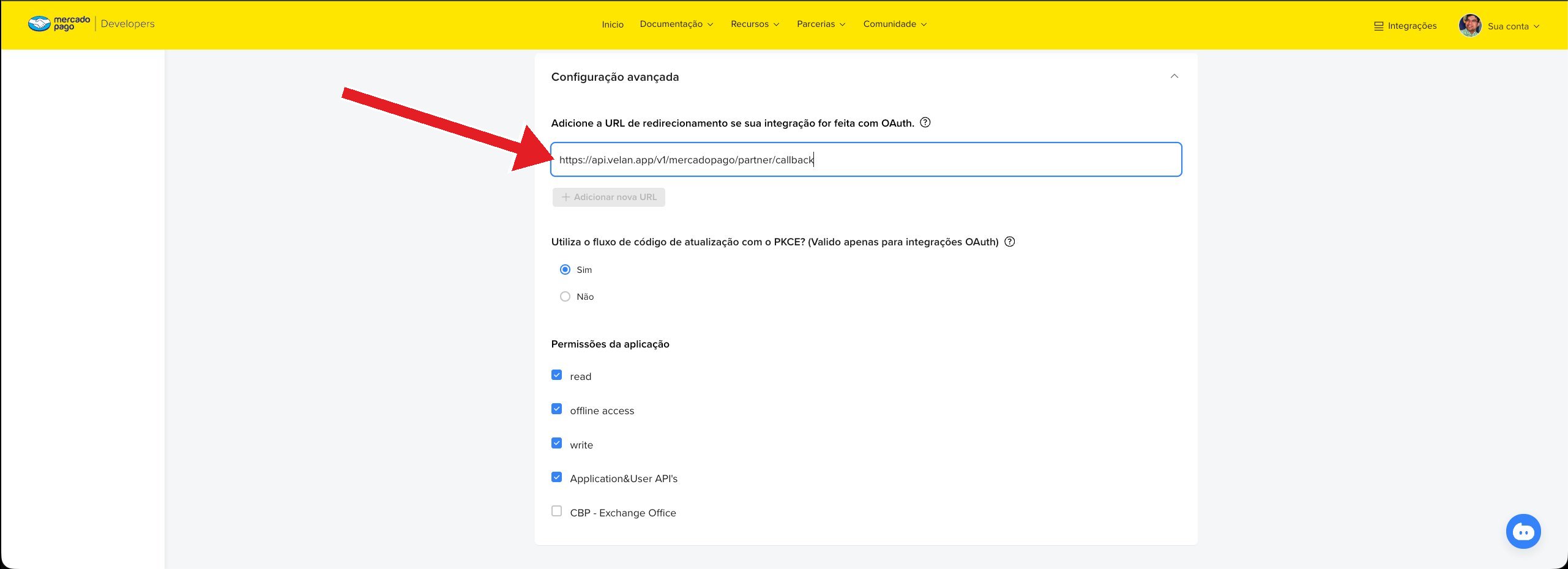Configuração avançada com URL de callback e permissões marcadas