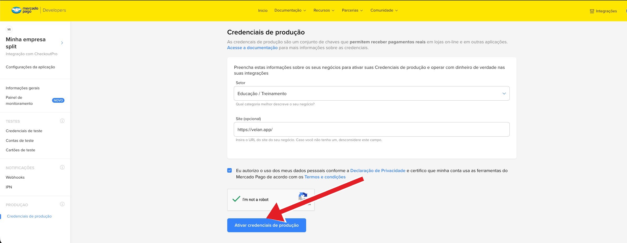 Formulário de ativação de credenciais de produção