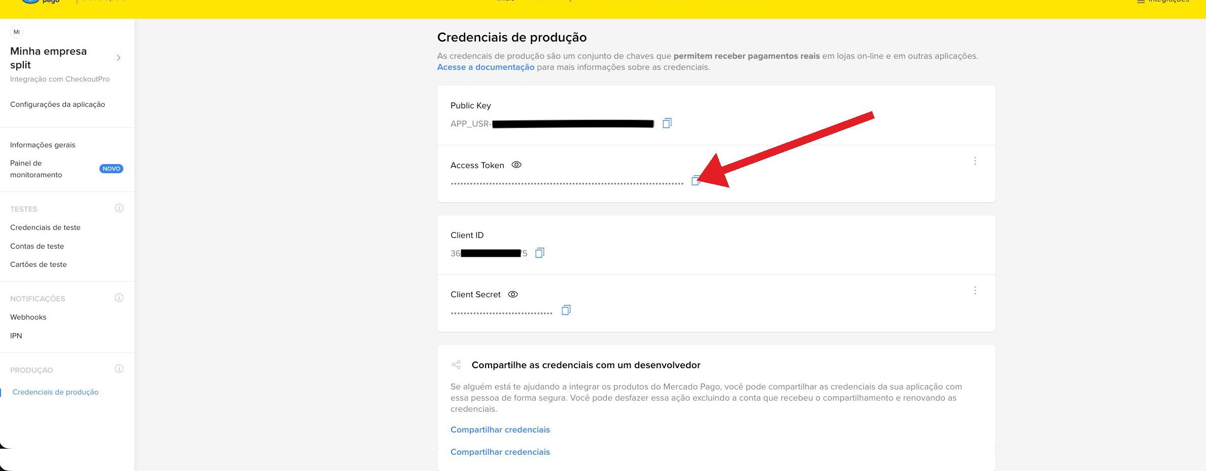 Tela de credenciais de produção com Public Key, Access Token, Client ID e Client Secret