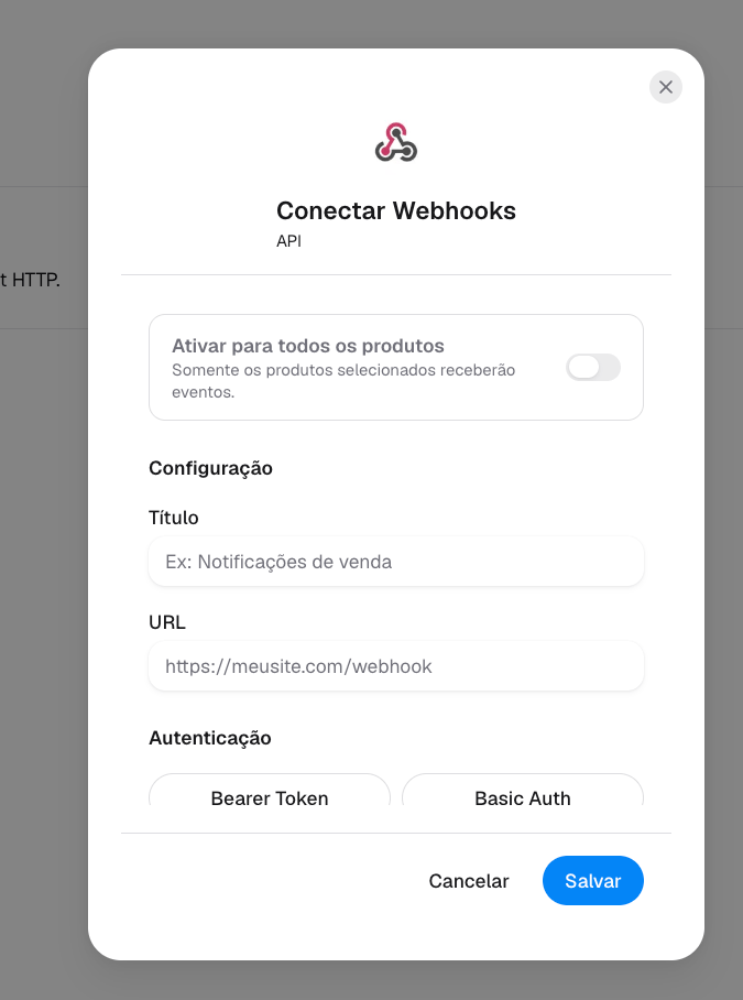 Modal de configuração do Webhook