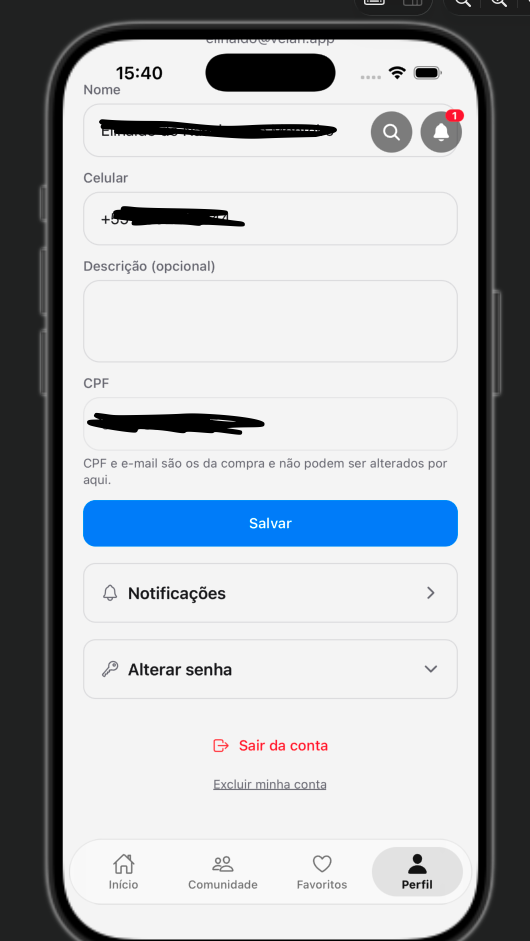 Tela de perfil do aplicativo Velan Club com o link Excluir minha conta no fim