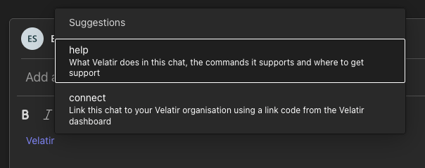 Choosing the connect command from Velatir suggestions