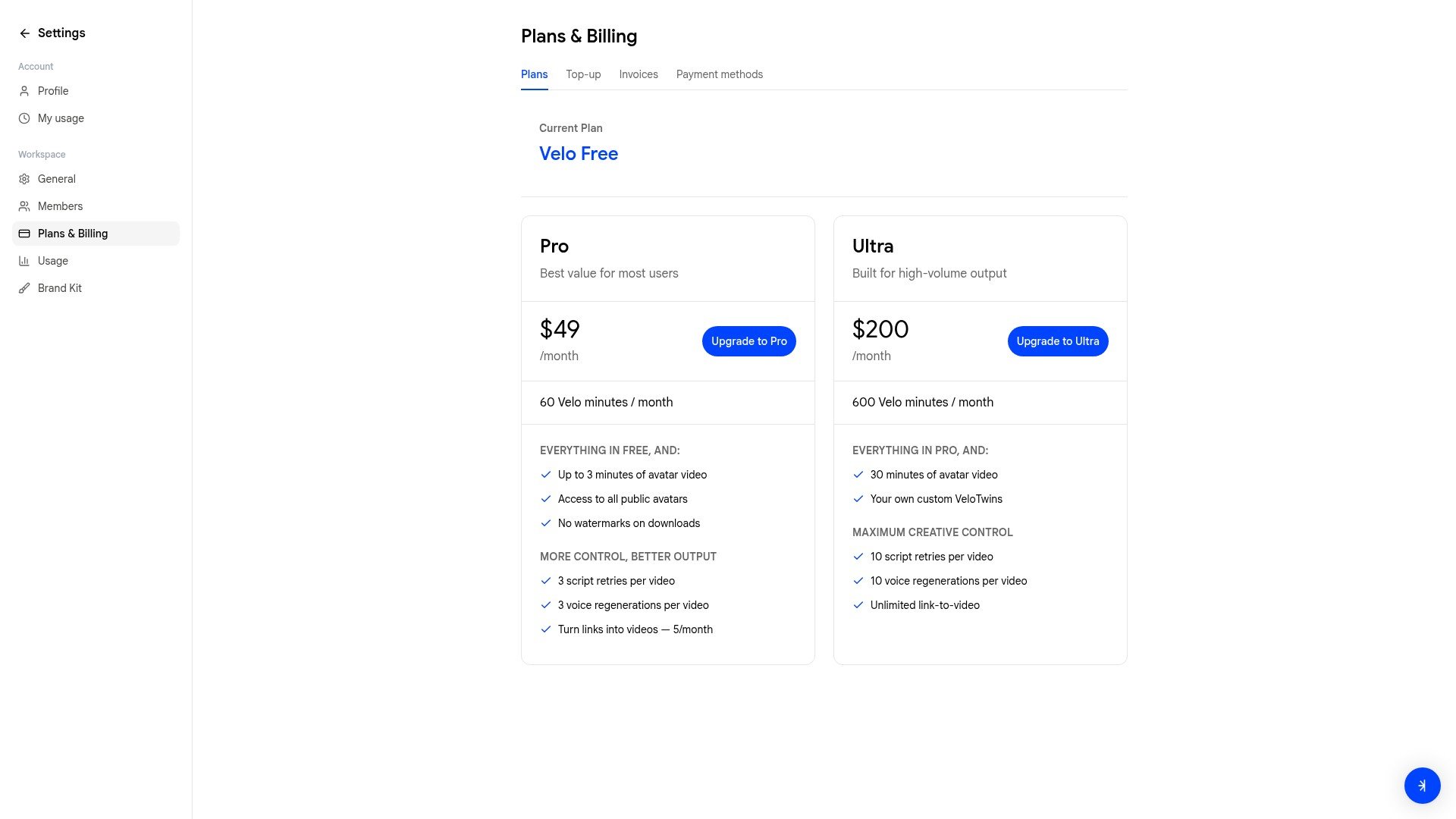 Plans & Billing page showing plan options