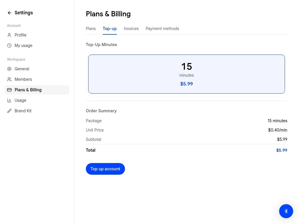 Top-up tab showing 15 minutes for $5.99