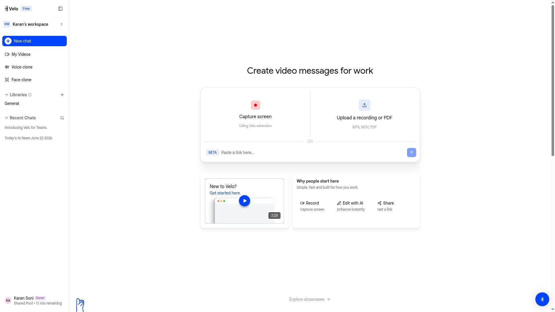 Velo workspace dashboard