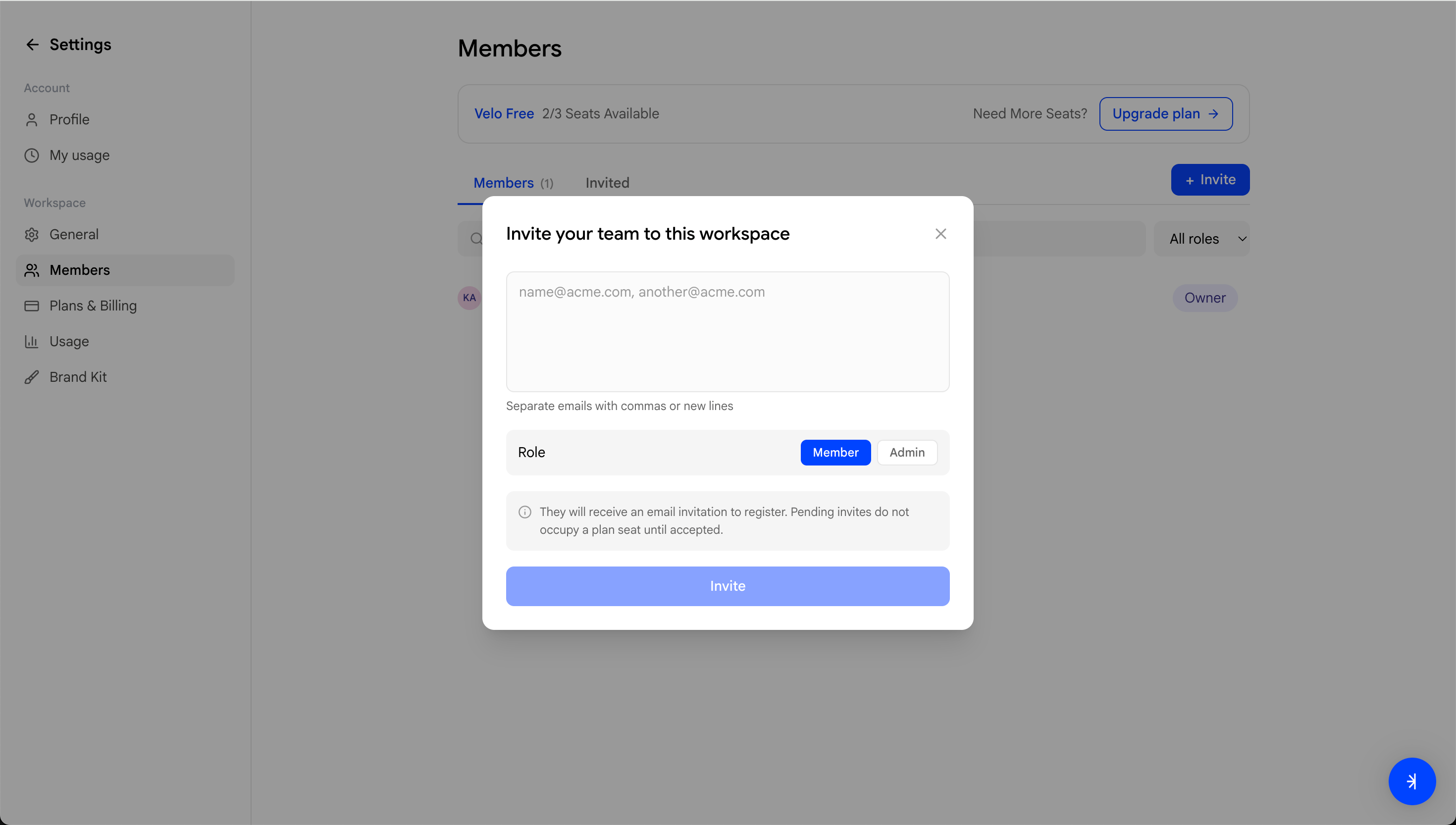 Invite members modal