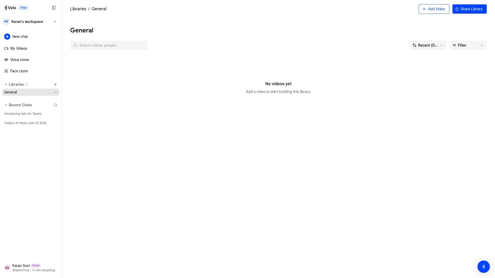 Library view showing videos and sharing options