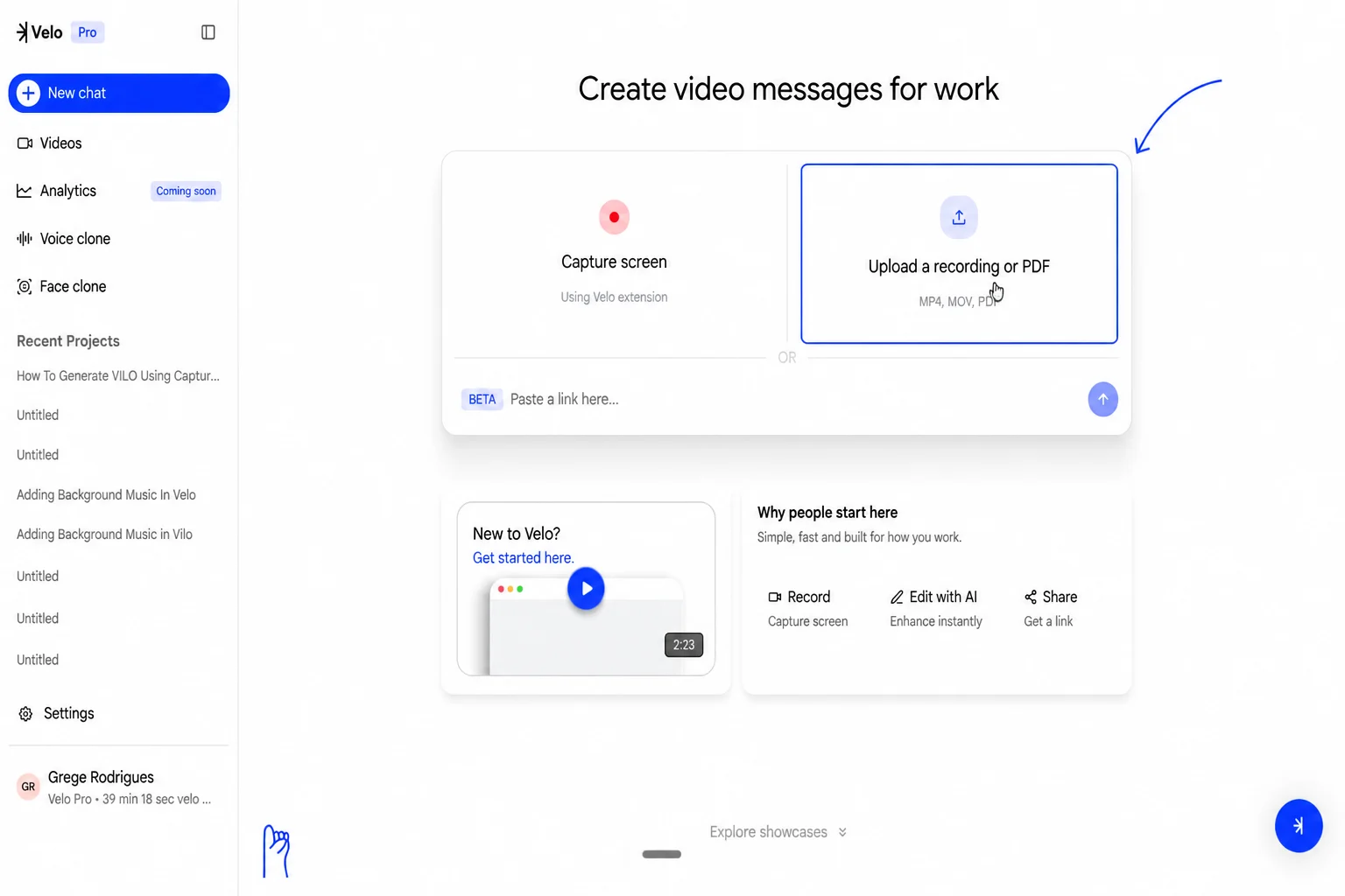 Upload selection screen
