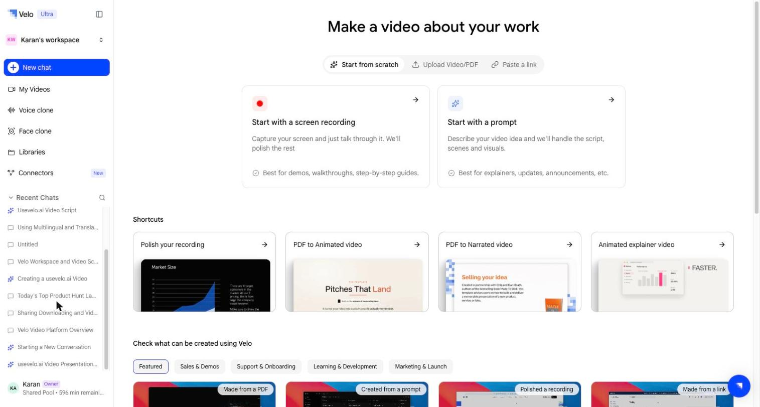 The Velo home screen with its three starting tabs, shortcuts and example gallery