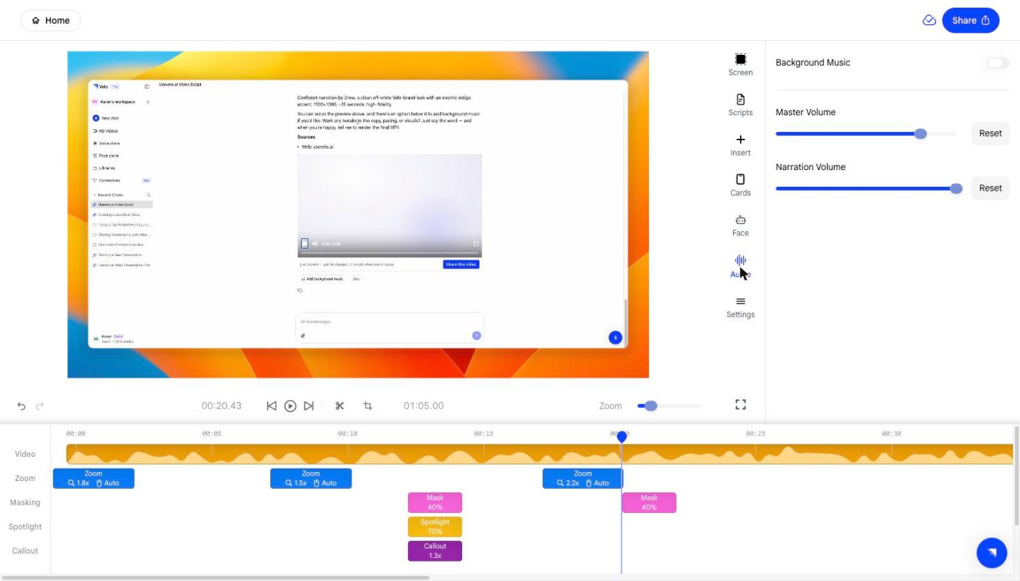Audio panel with background music, master volume, and narration volume