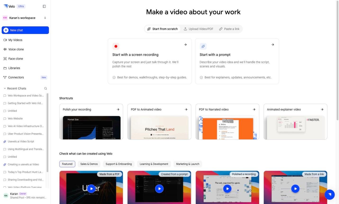 Velo home screen with entry tabs, shortcuts, and examples