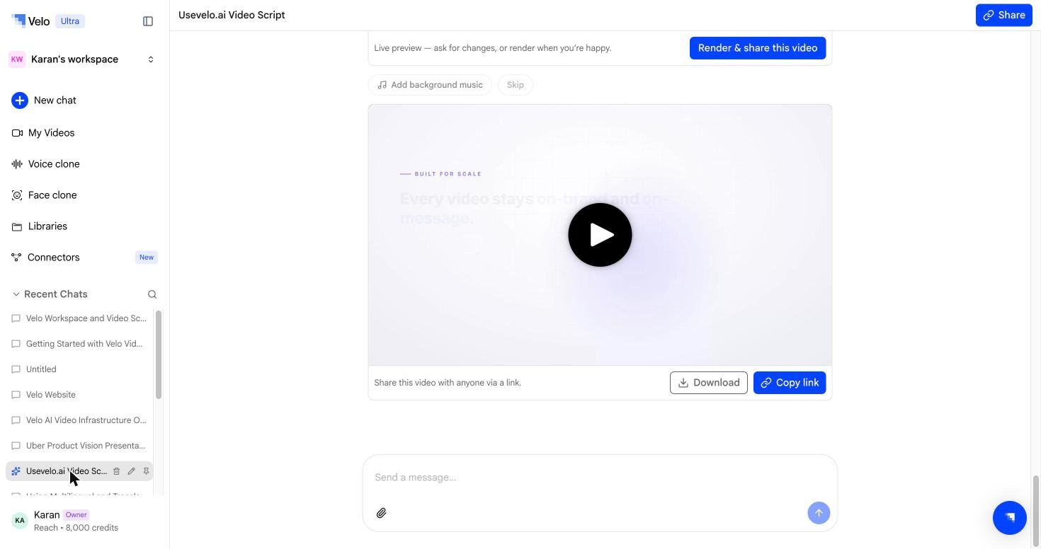 Rendered video with Download and Copy link
