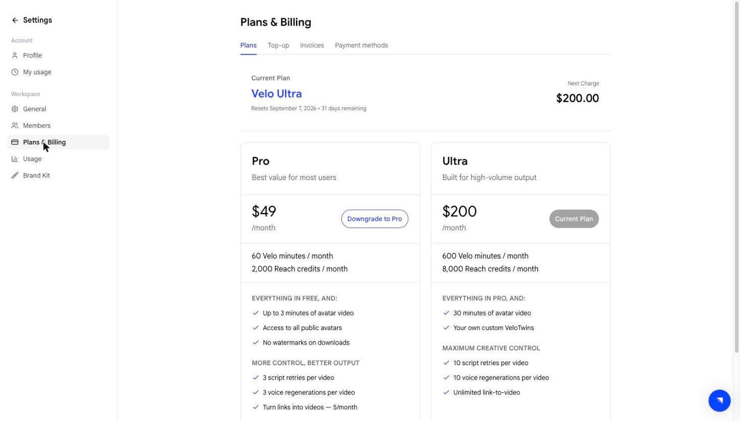 Plans & Billing page showing plan options